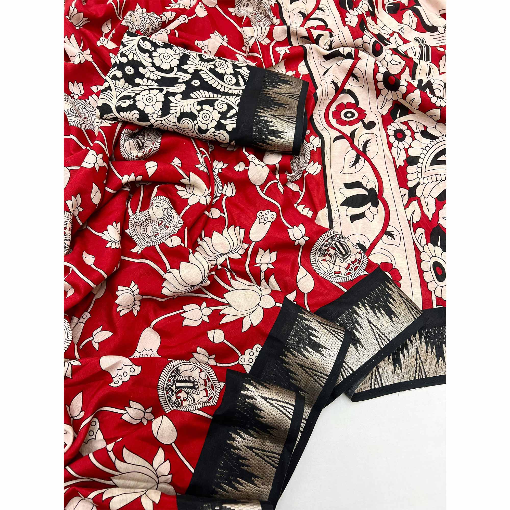 Red & Off White Pichwai-Inspired Kalamkari Print on Soft Pure Cotton Saree