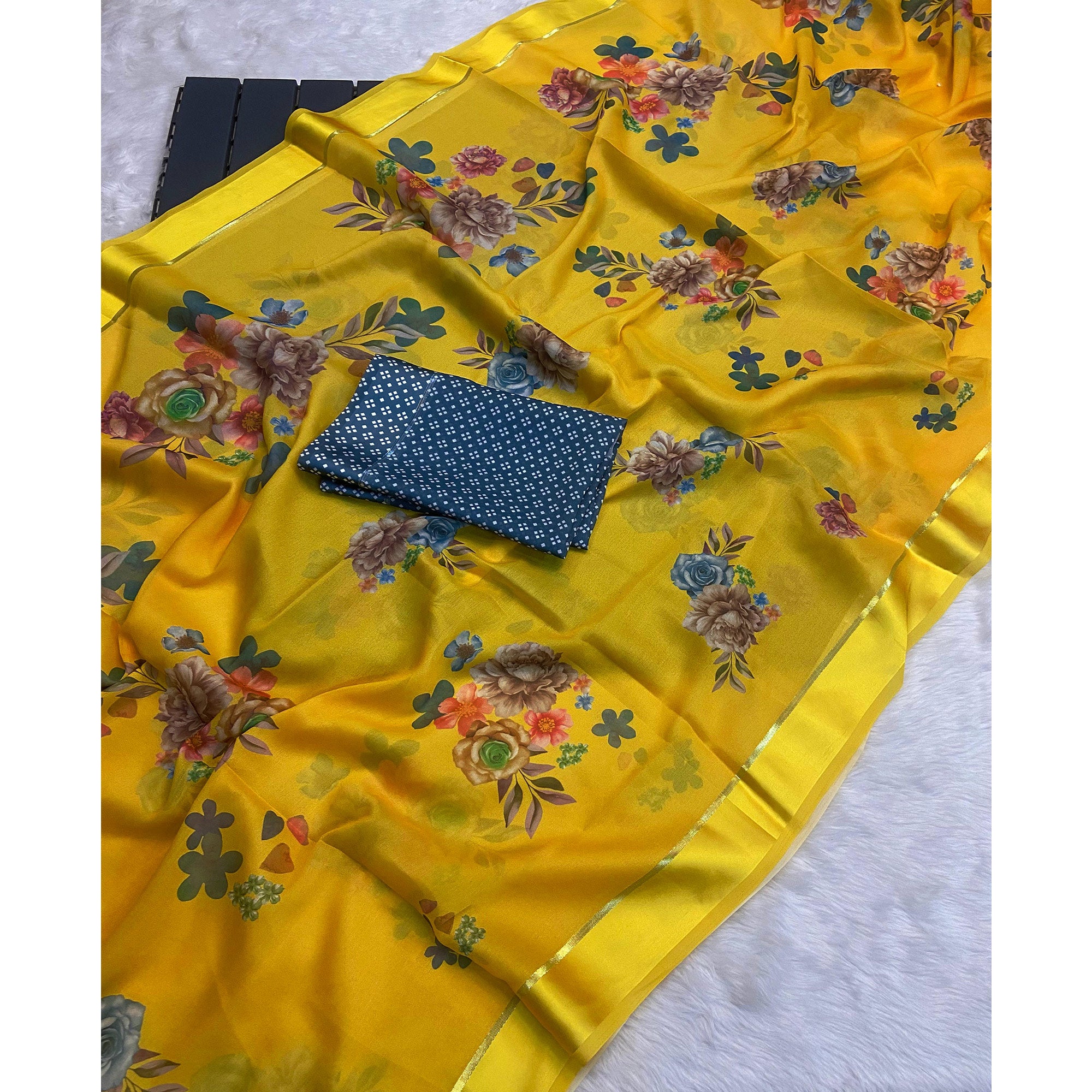 Yellow Floral Printed Chiffon Saree
