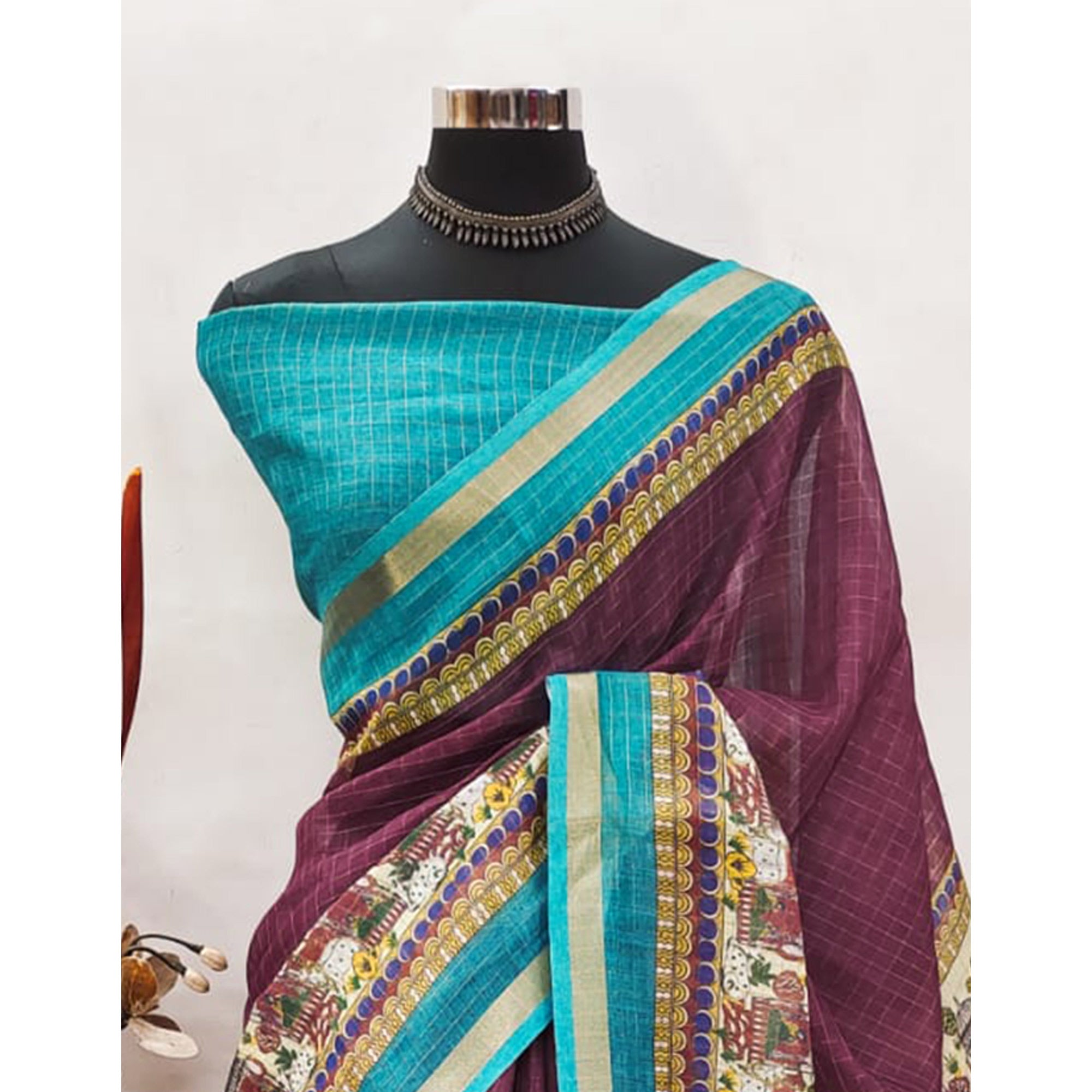 Wine Checks Zari Woven With Printed Linen Saree