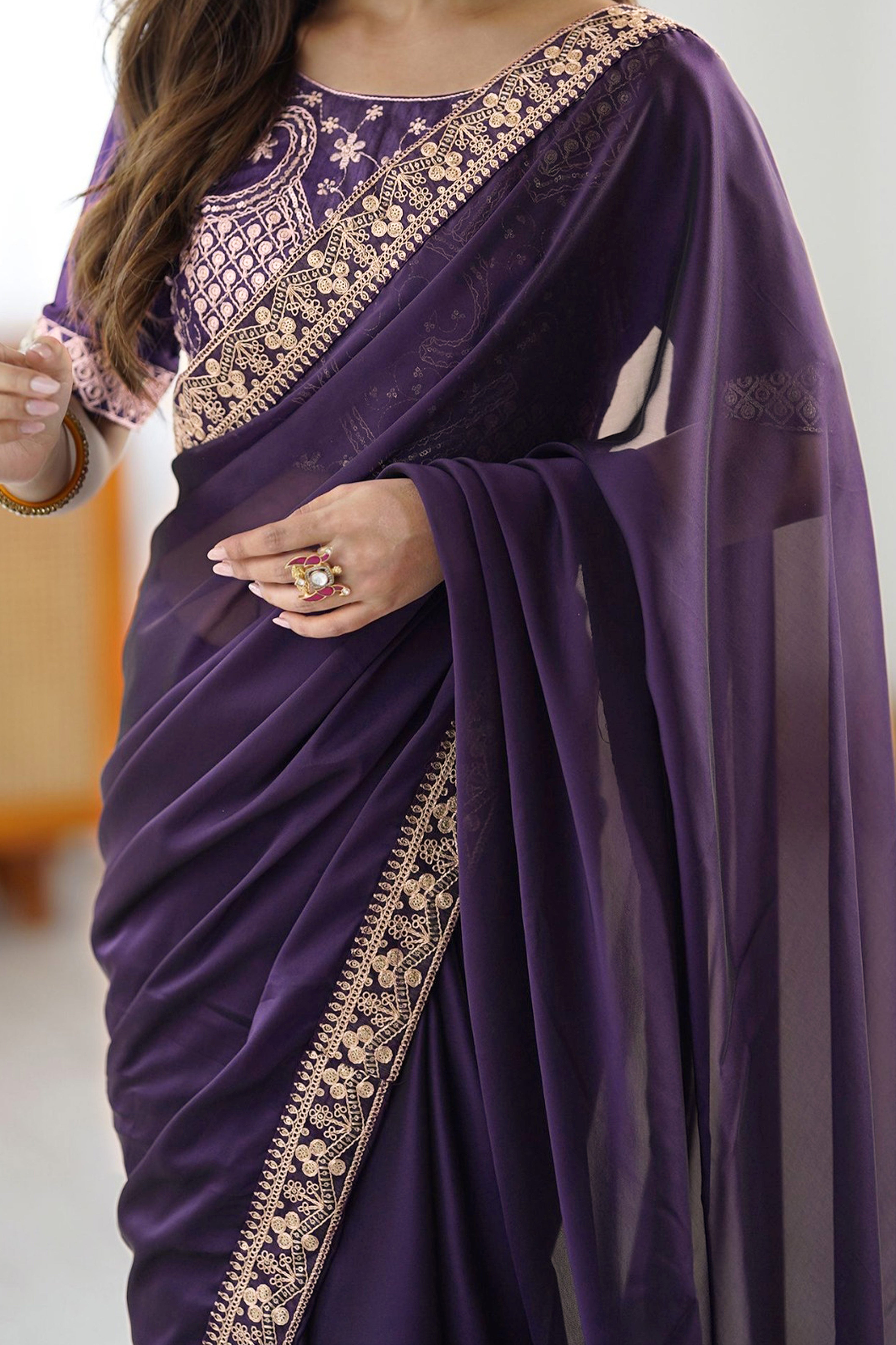 Elegant Purple Rangoli Silk Organza Saree Featuring Zari Cording Embroidery With Sequins Border