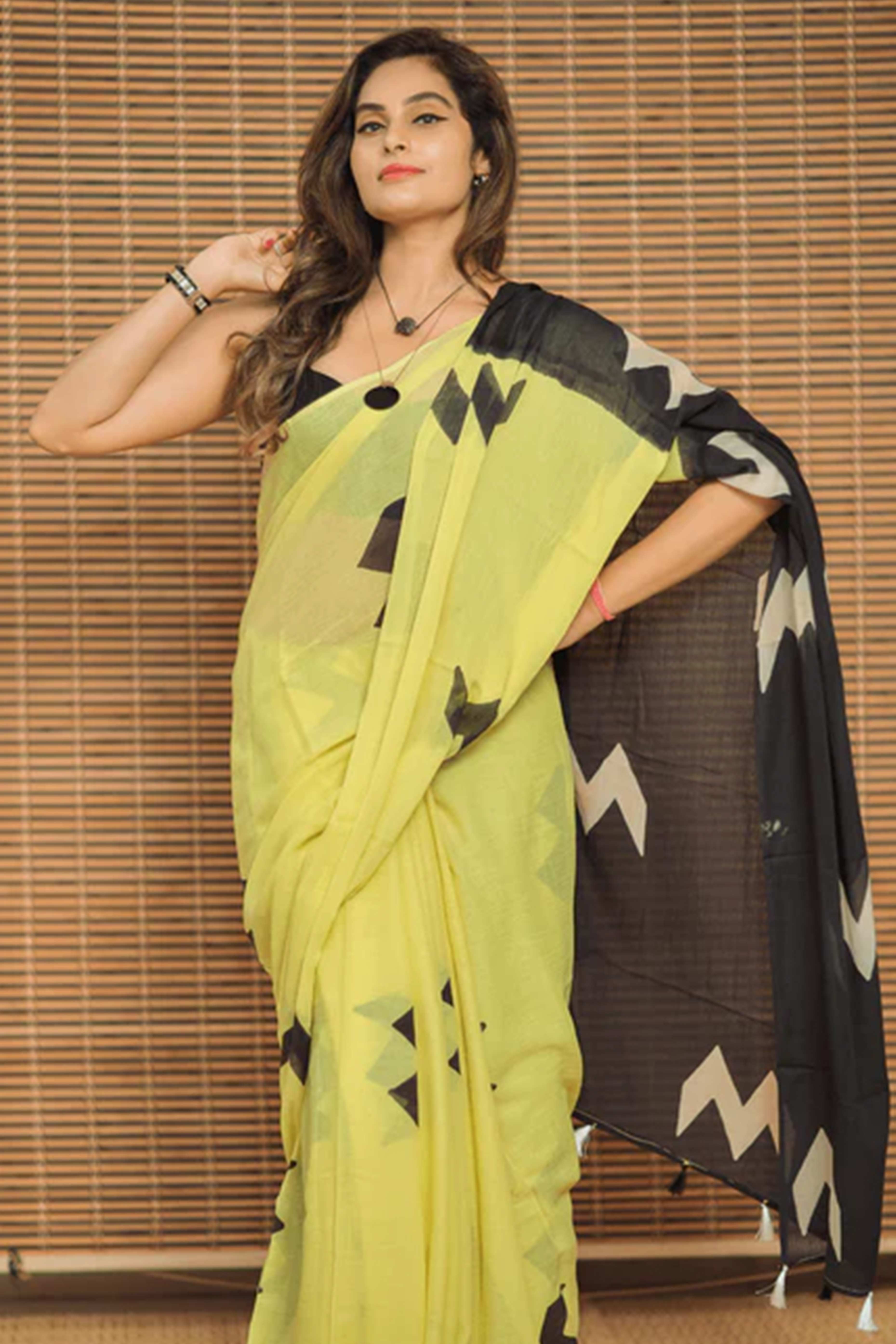 Lemon Yellow Linen Cotton Saree Adorned with Vibrant Geometric Prints and Breezy Texture