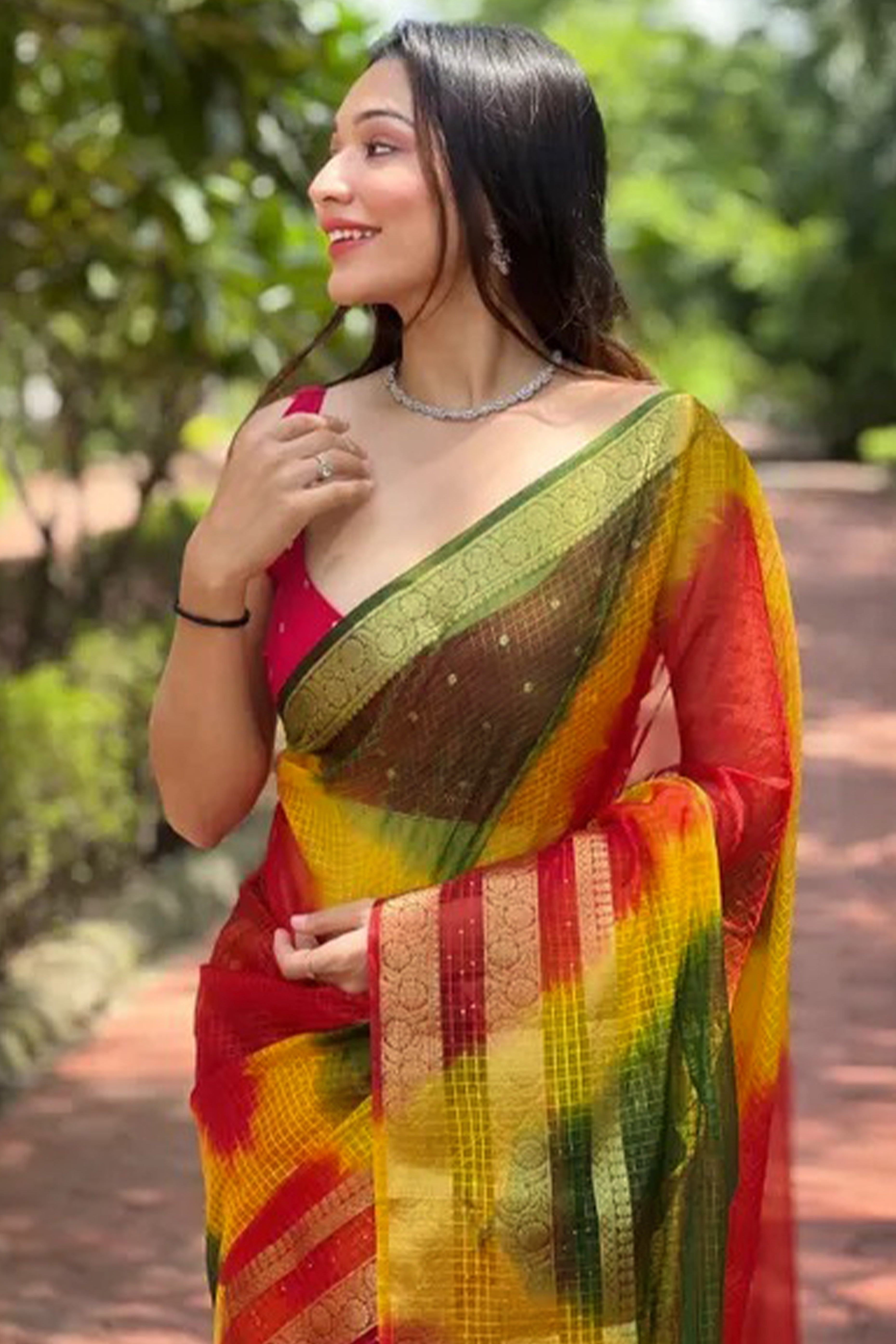 Classic Yellow & Red Kerala Inspired Checked Weaving Organza Saree