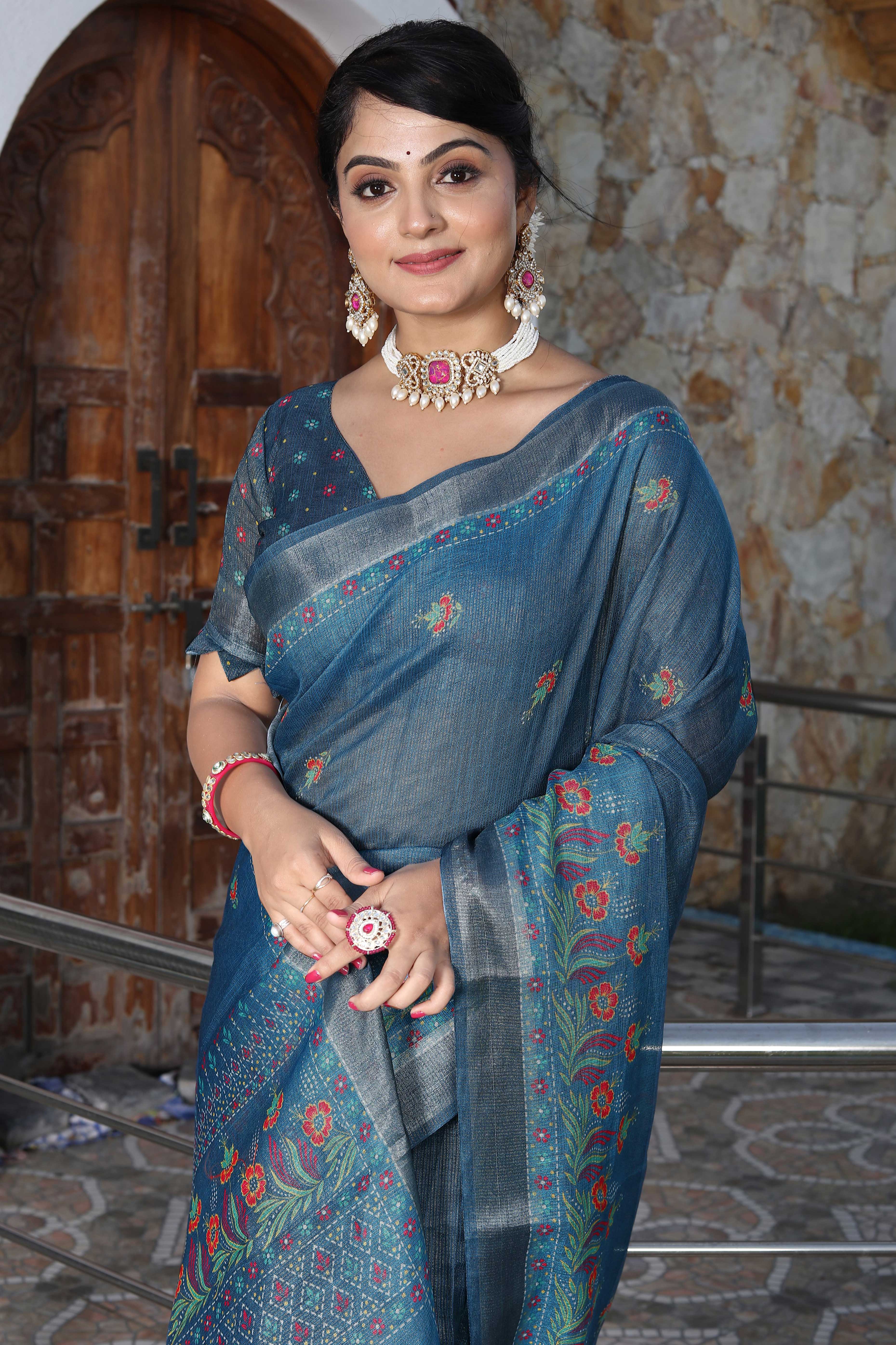 Beautiful Blue Tissue Handloom Saree with Detailed Digital Floral Embellishments