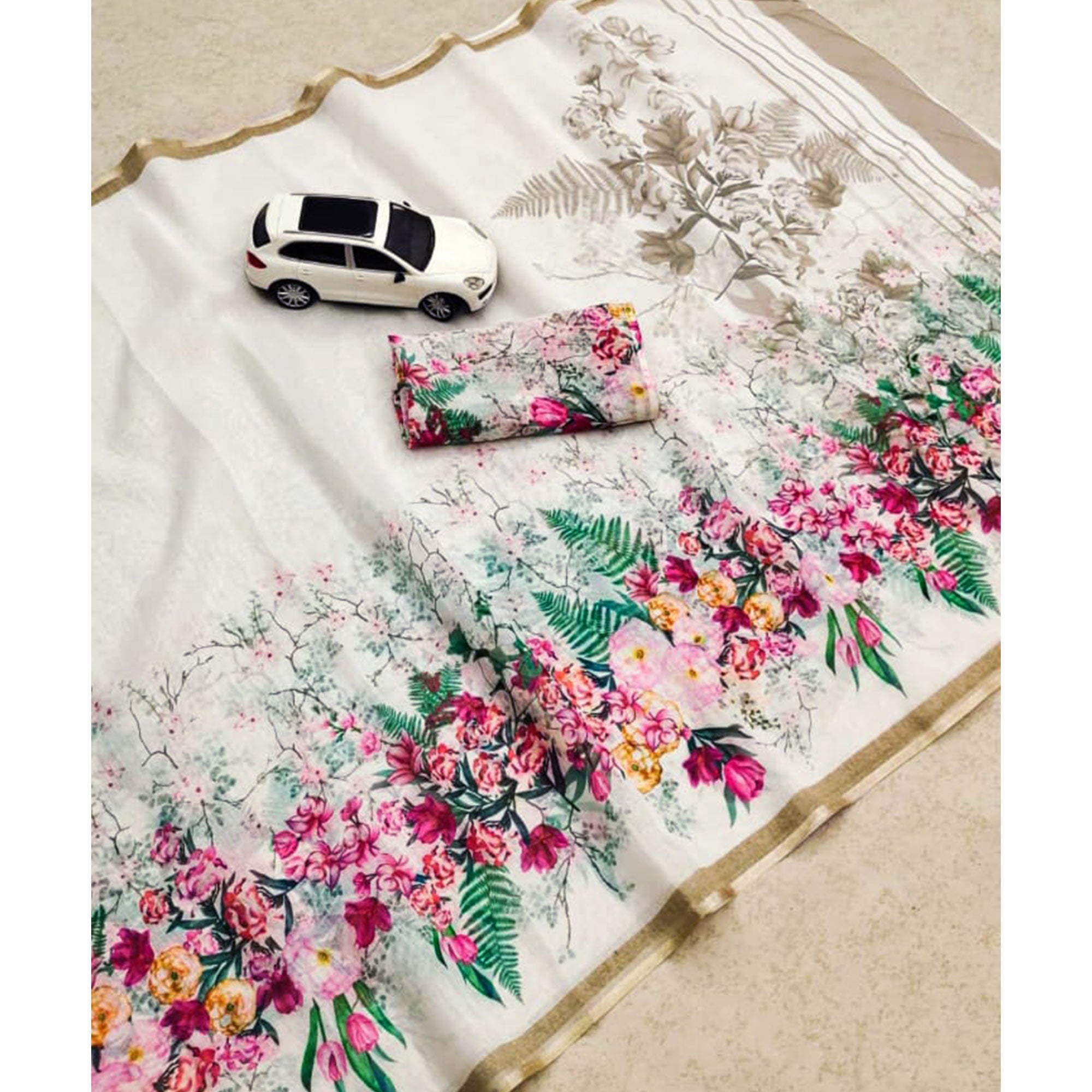 White Floral Digital Printed Linen Saree