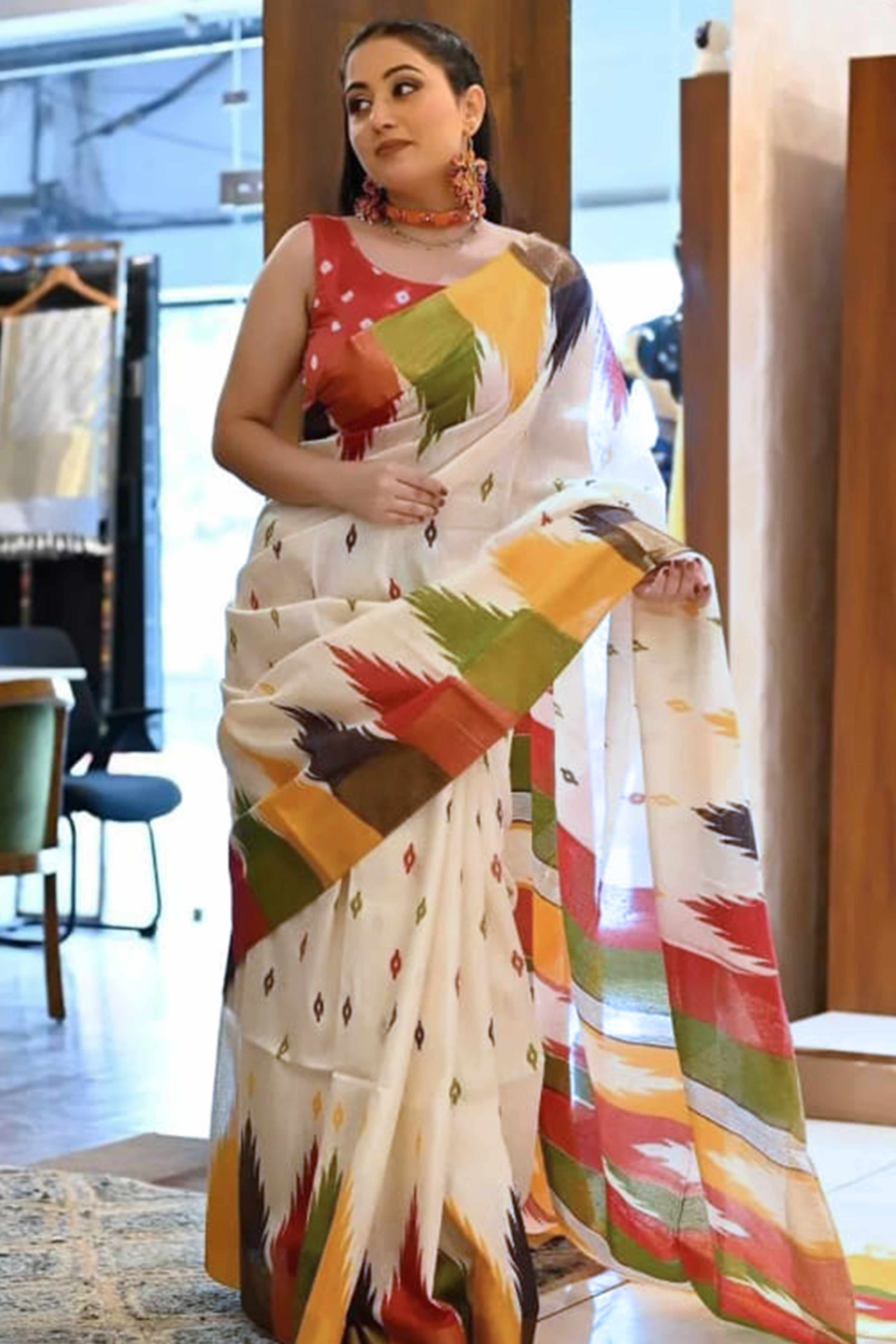 Classic Cream Linen Cotton Drape Featuring Ikkat-Inspired Prints