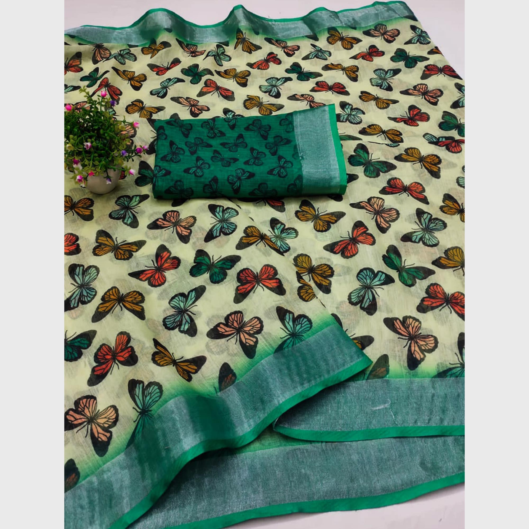 Yellow Digital Printed Linen Saree