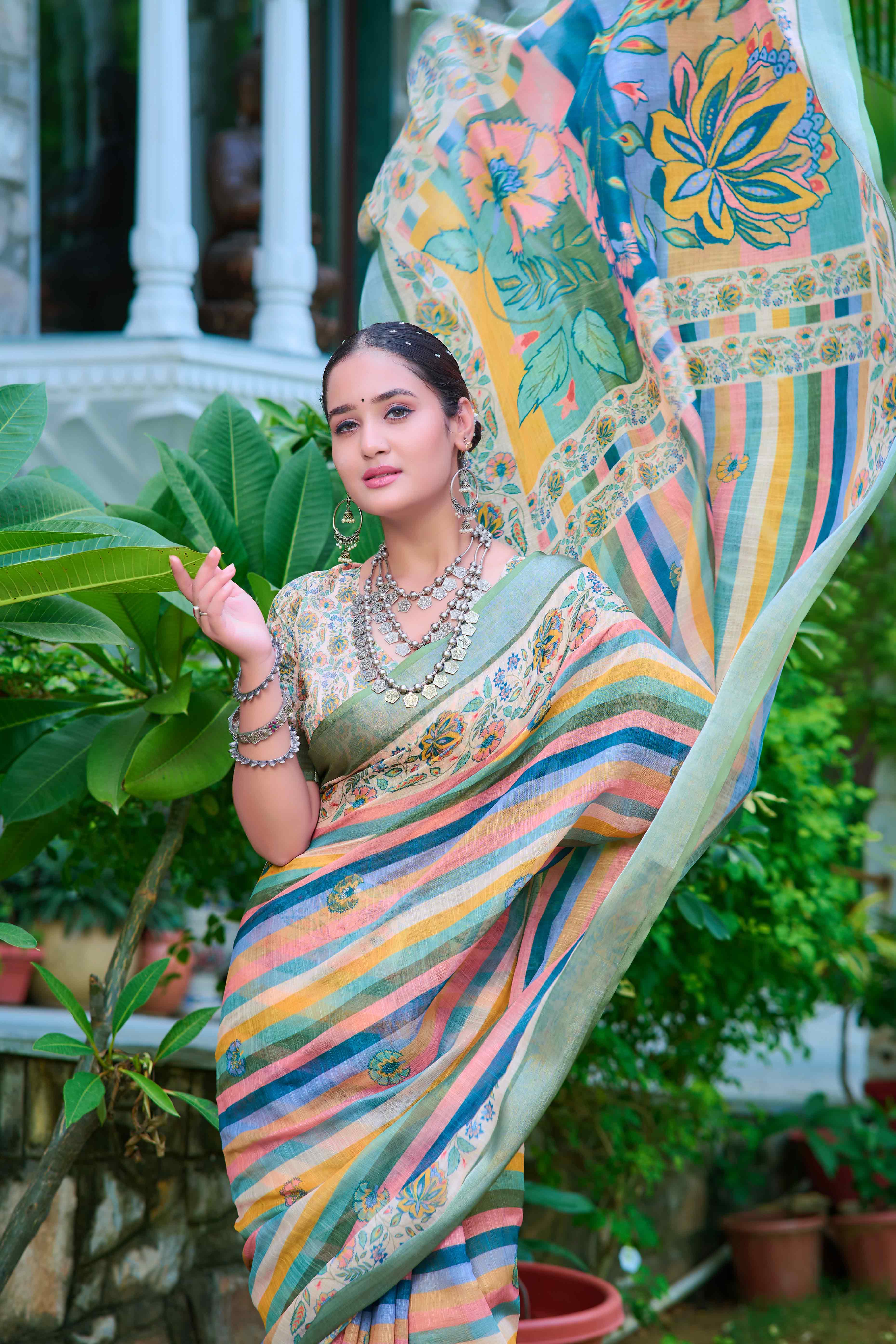Beige Striped Printed Linen Saree