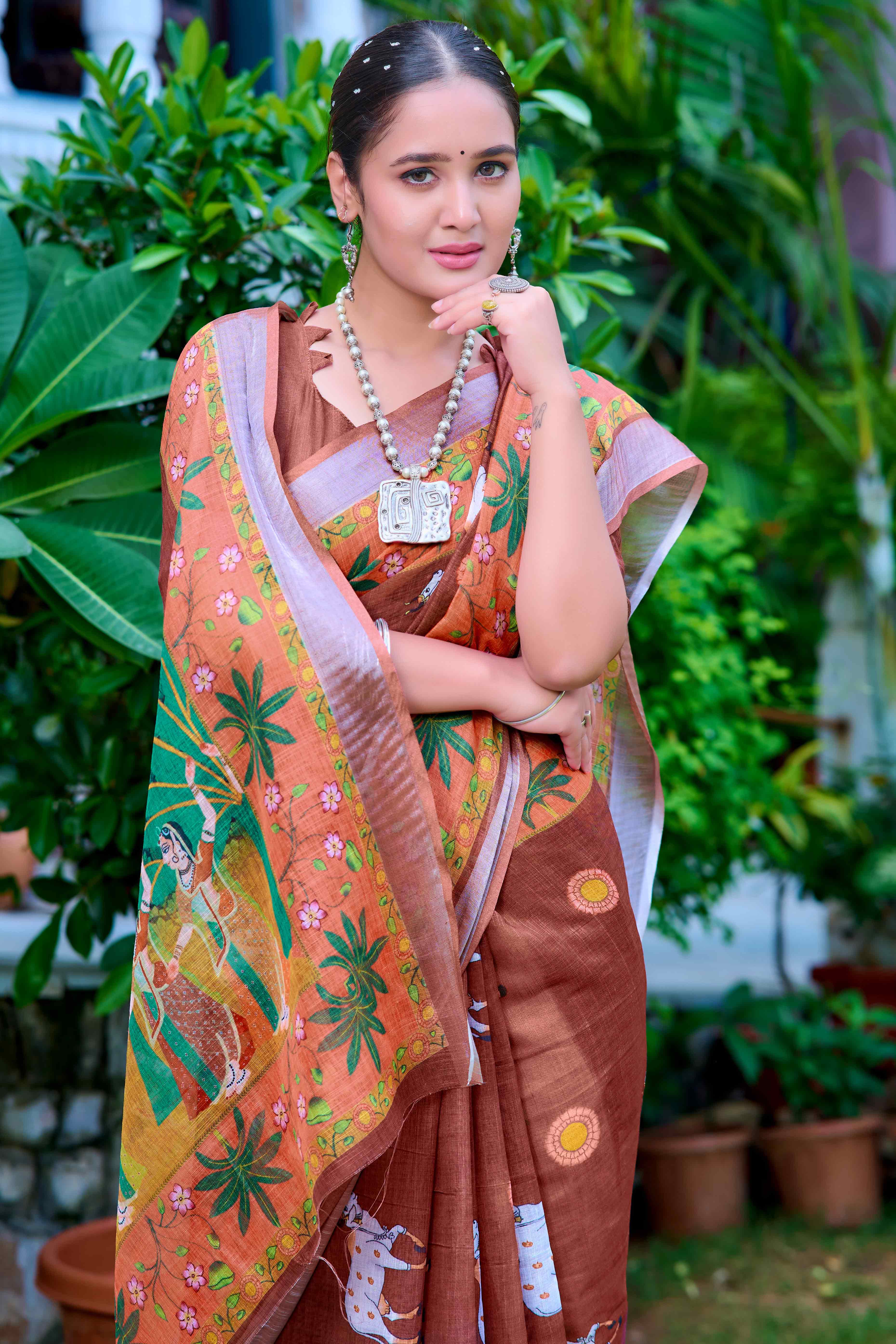 Brown Floral Printed Linen Saree