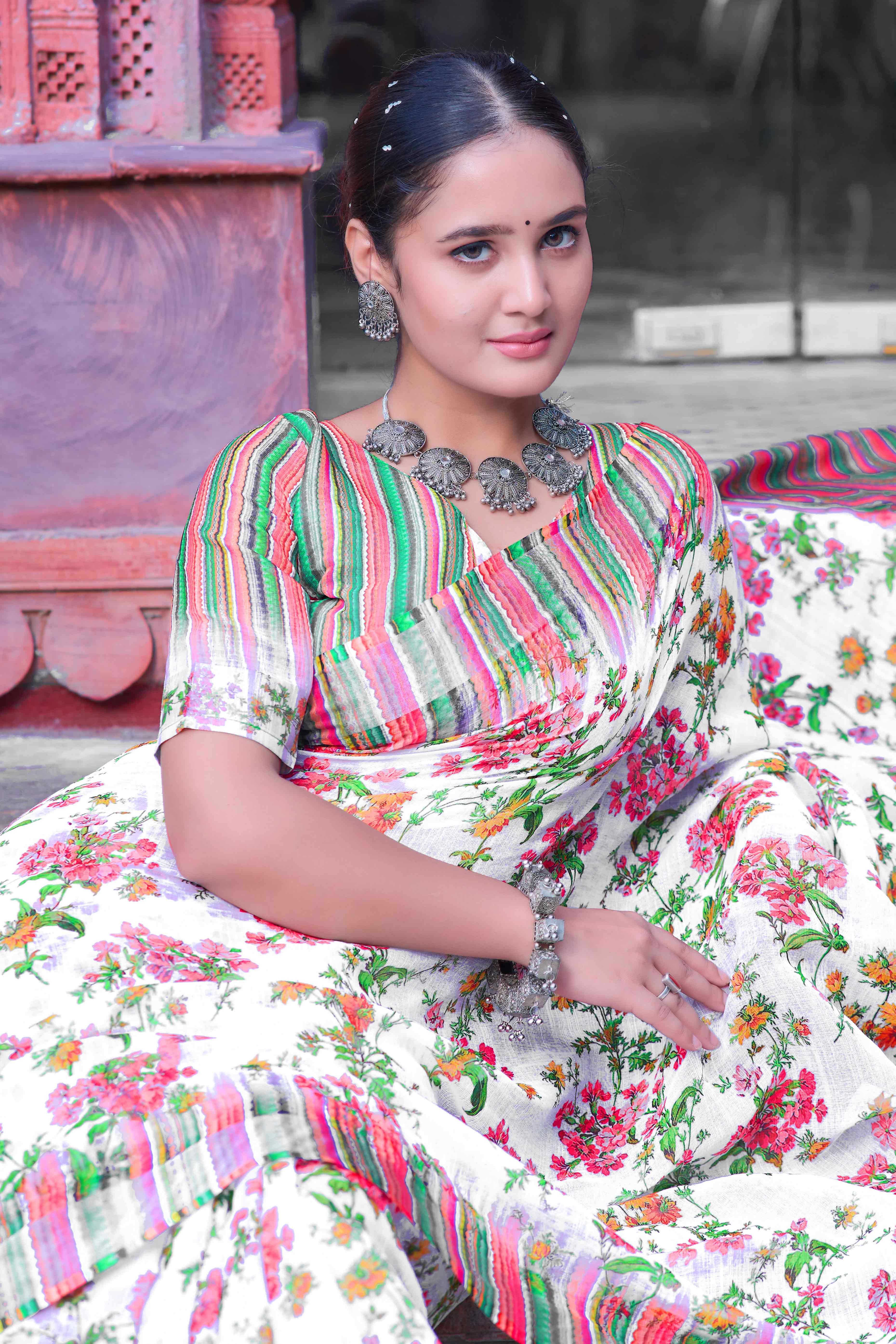 Off White Floral Printed Linen Saree
