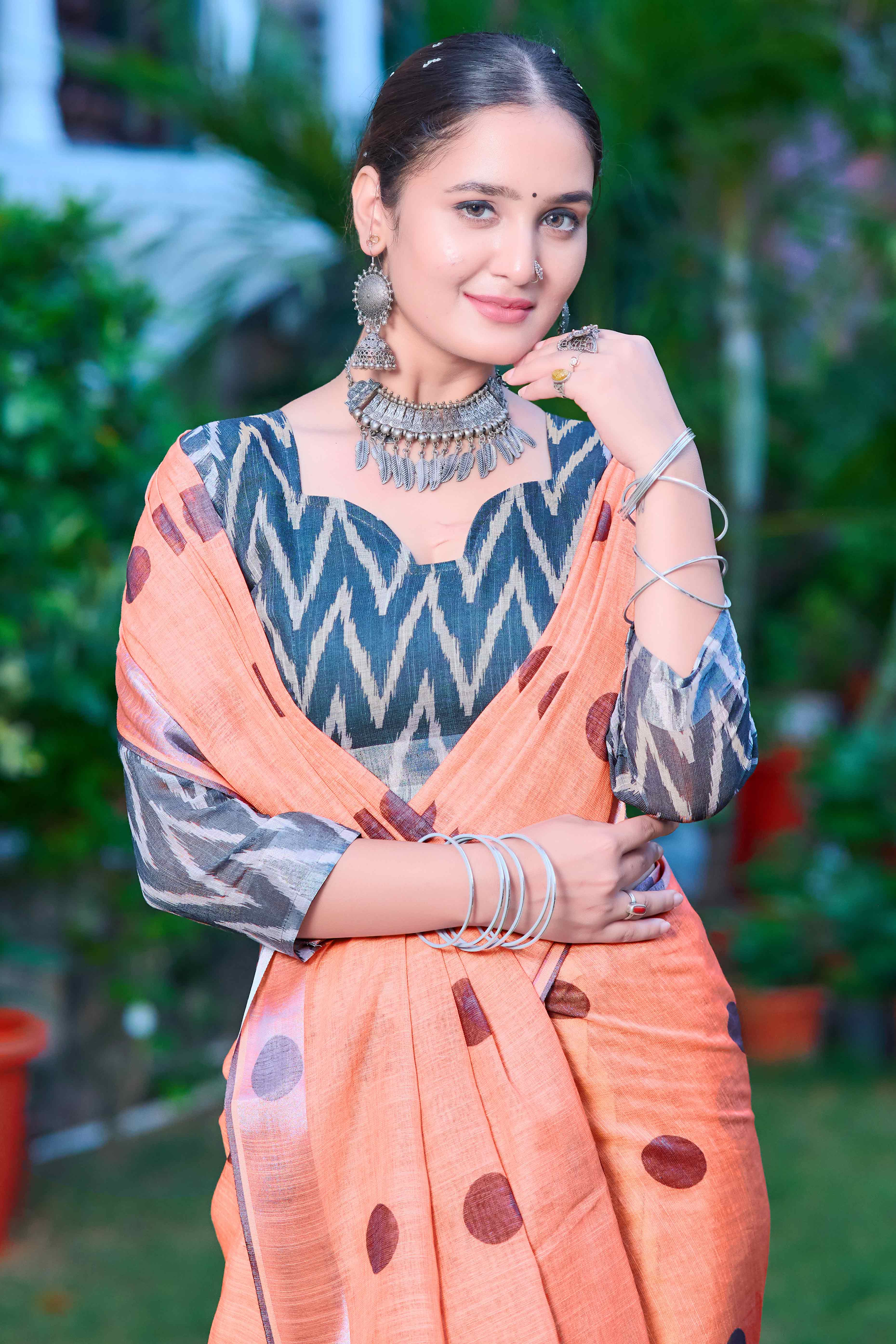 Peach Polka Dot Printed Linen Saree