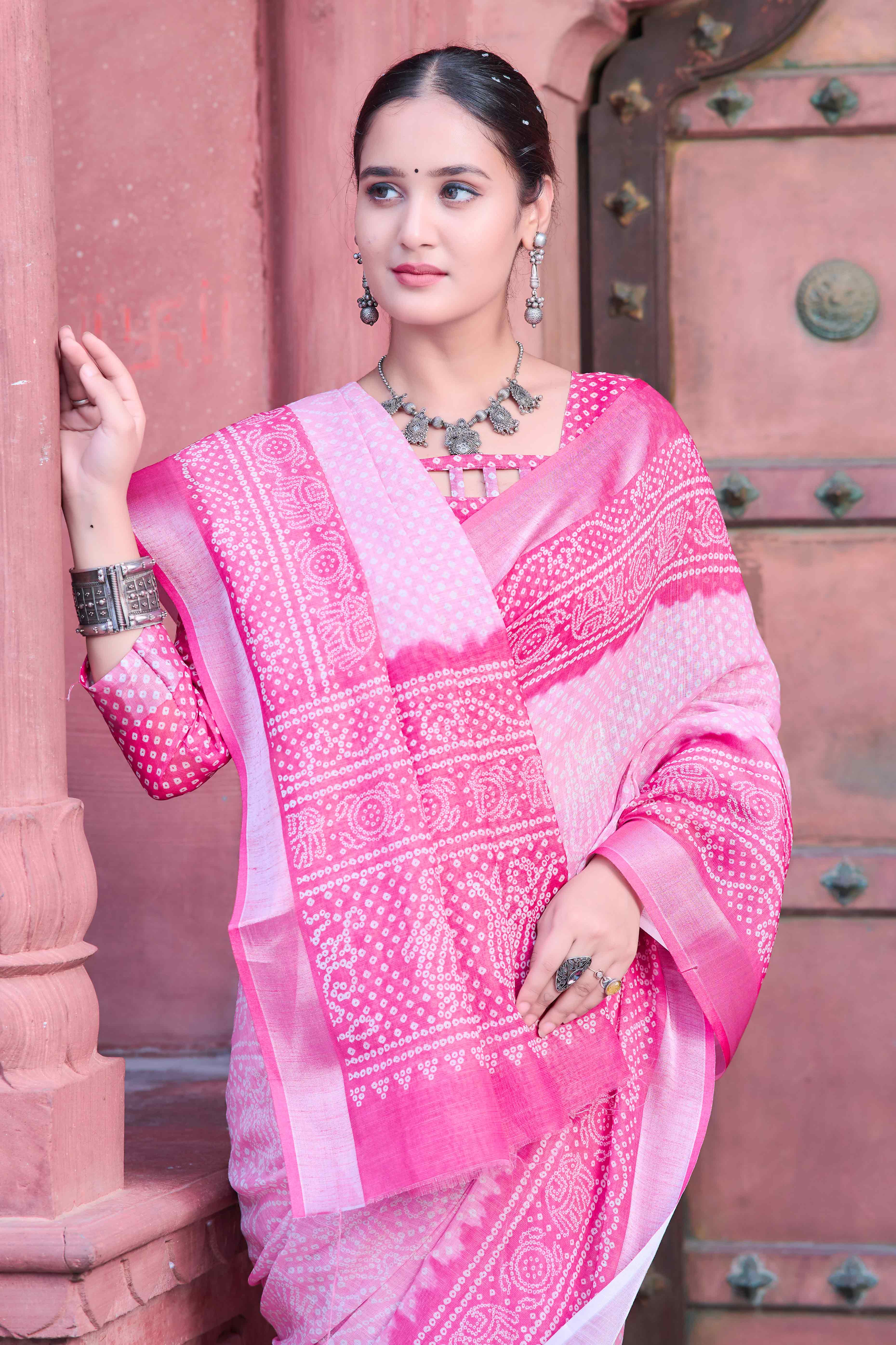 Pink Bandhani Printed Linen Saree