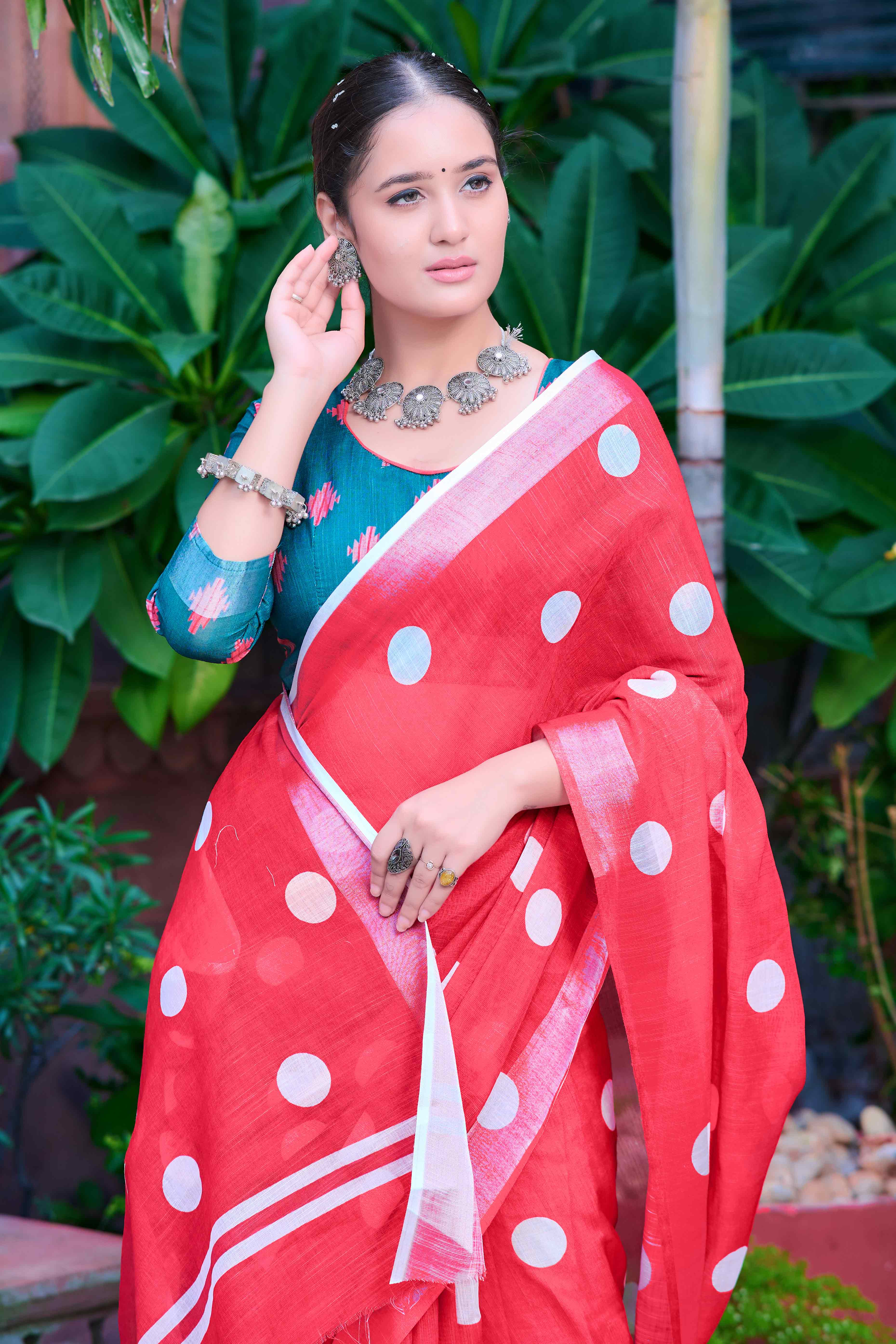 Red Polka Dot Printed Linen Saree