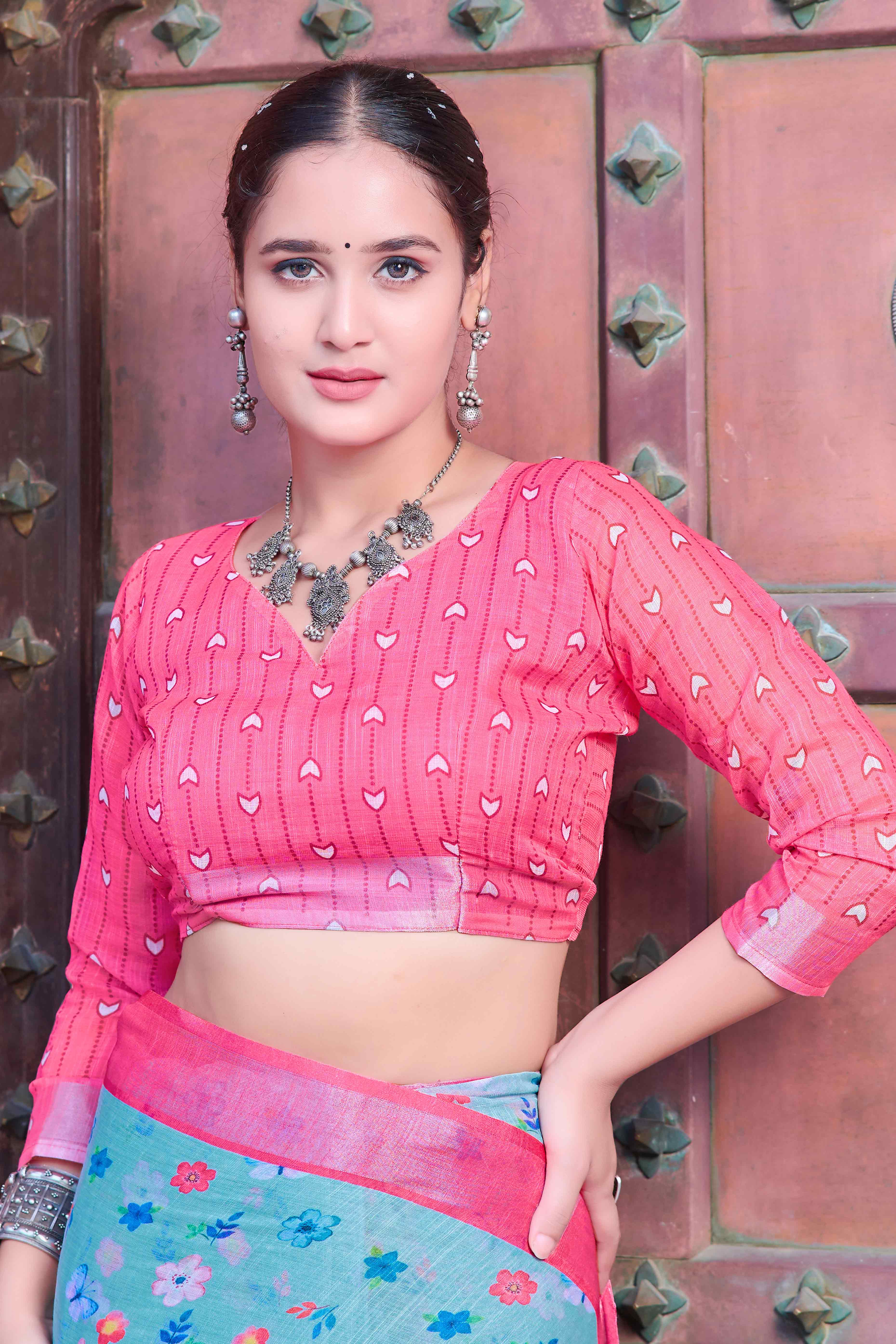 Sea Green Floral Printed Linen Saree