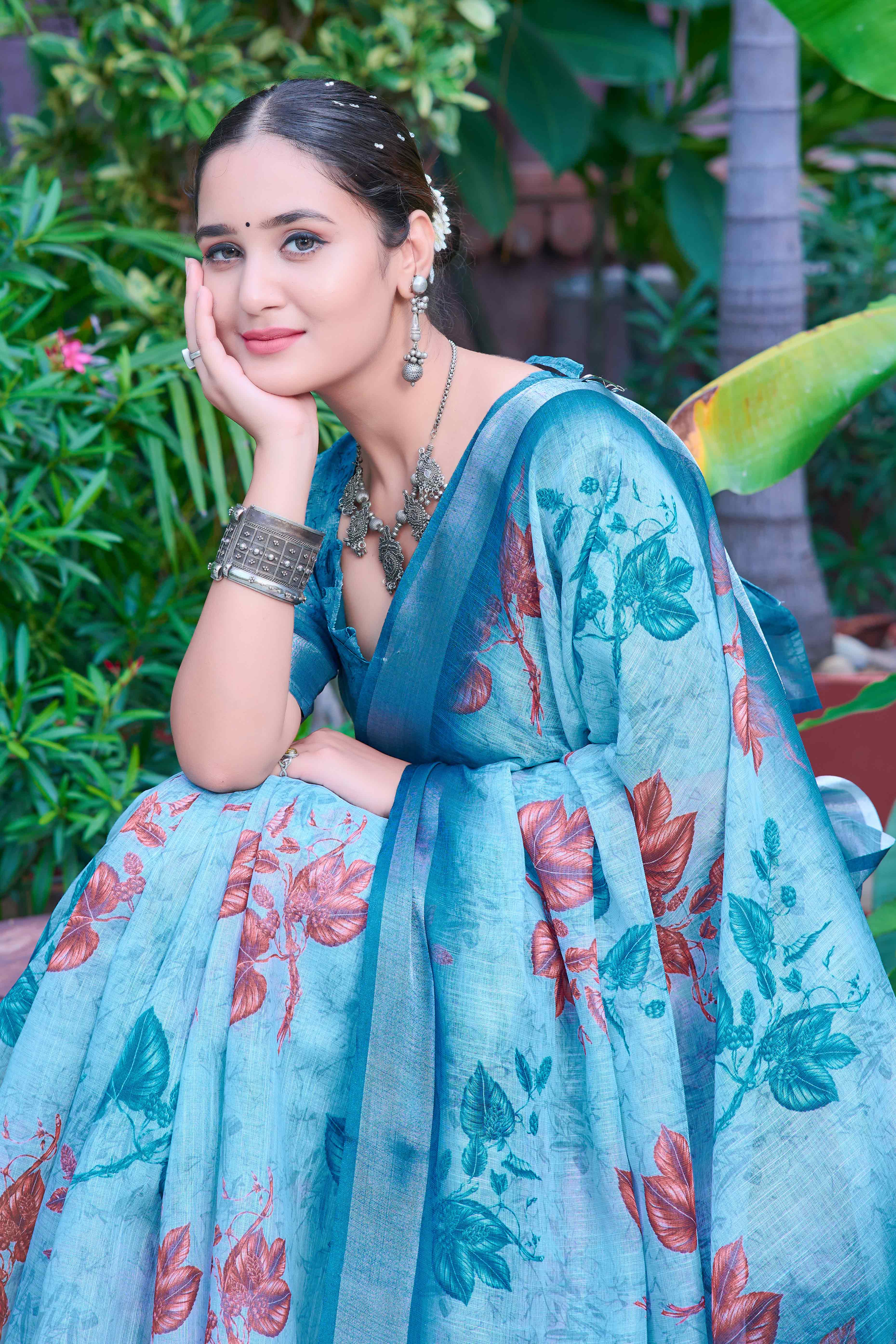 Sky Blue Floral Printed Linen Saree