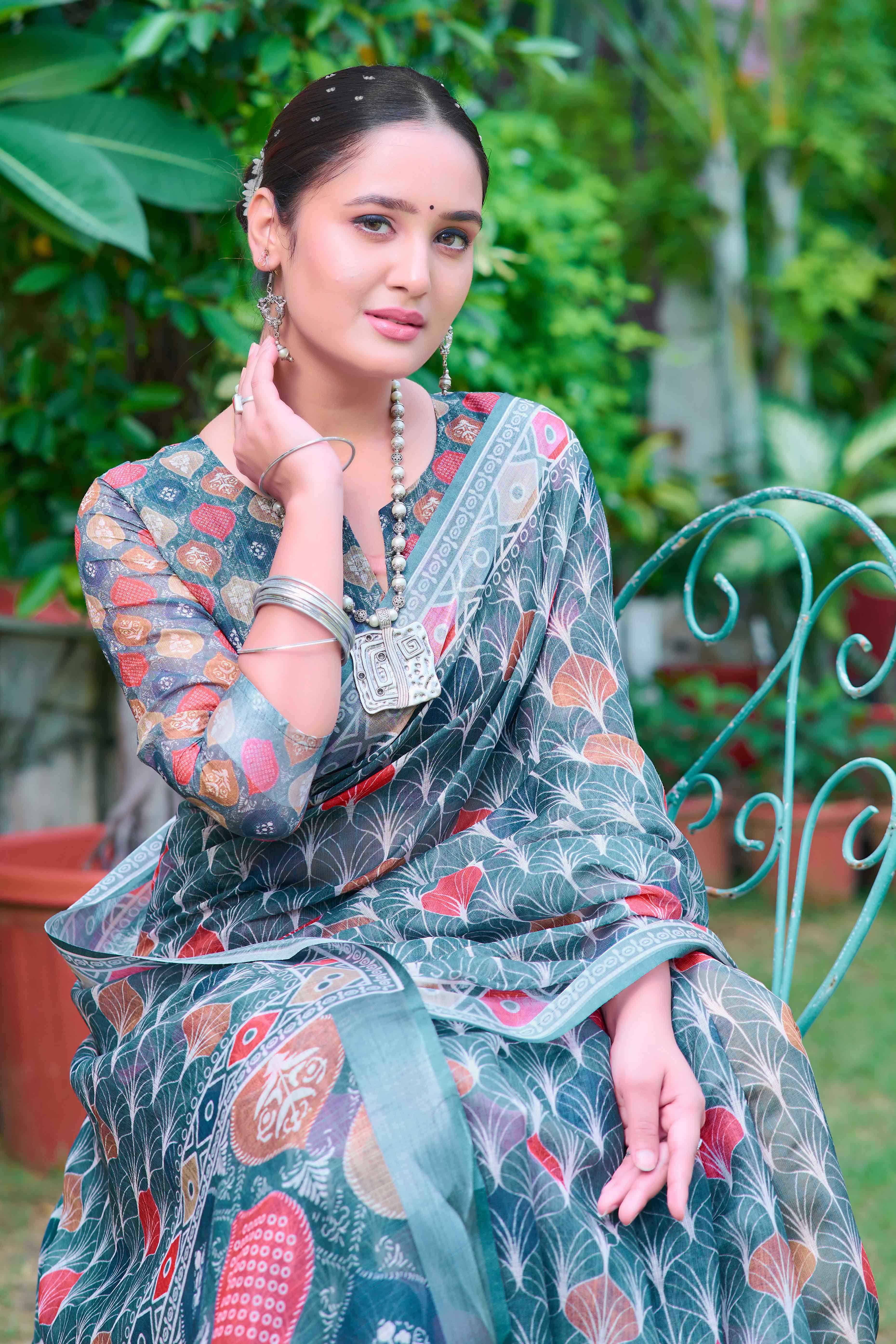 Teal Floral Printed Linen Saree