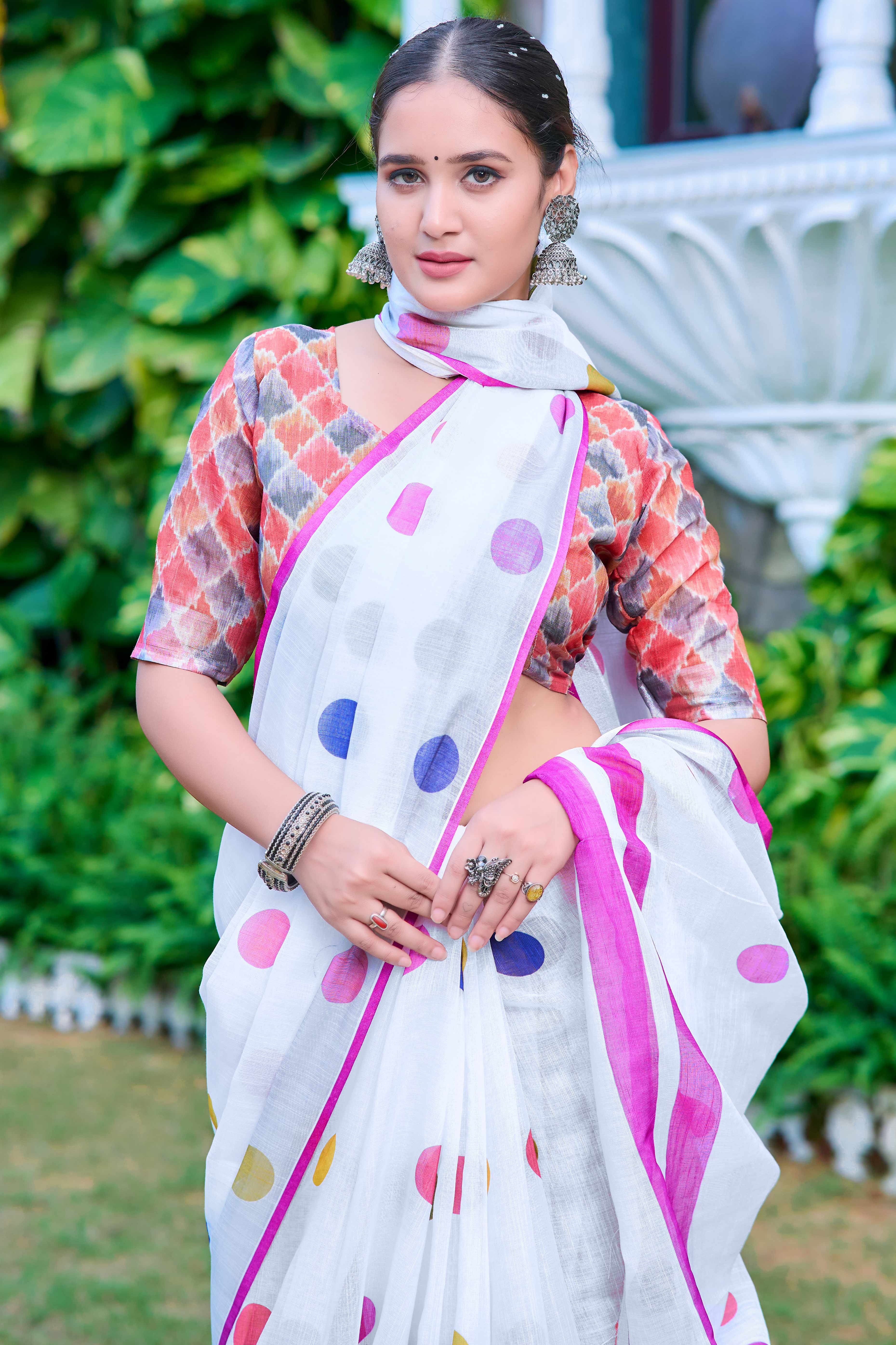 White Polka Dot Printed Linen Saree