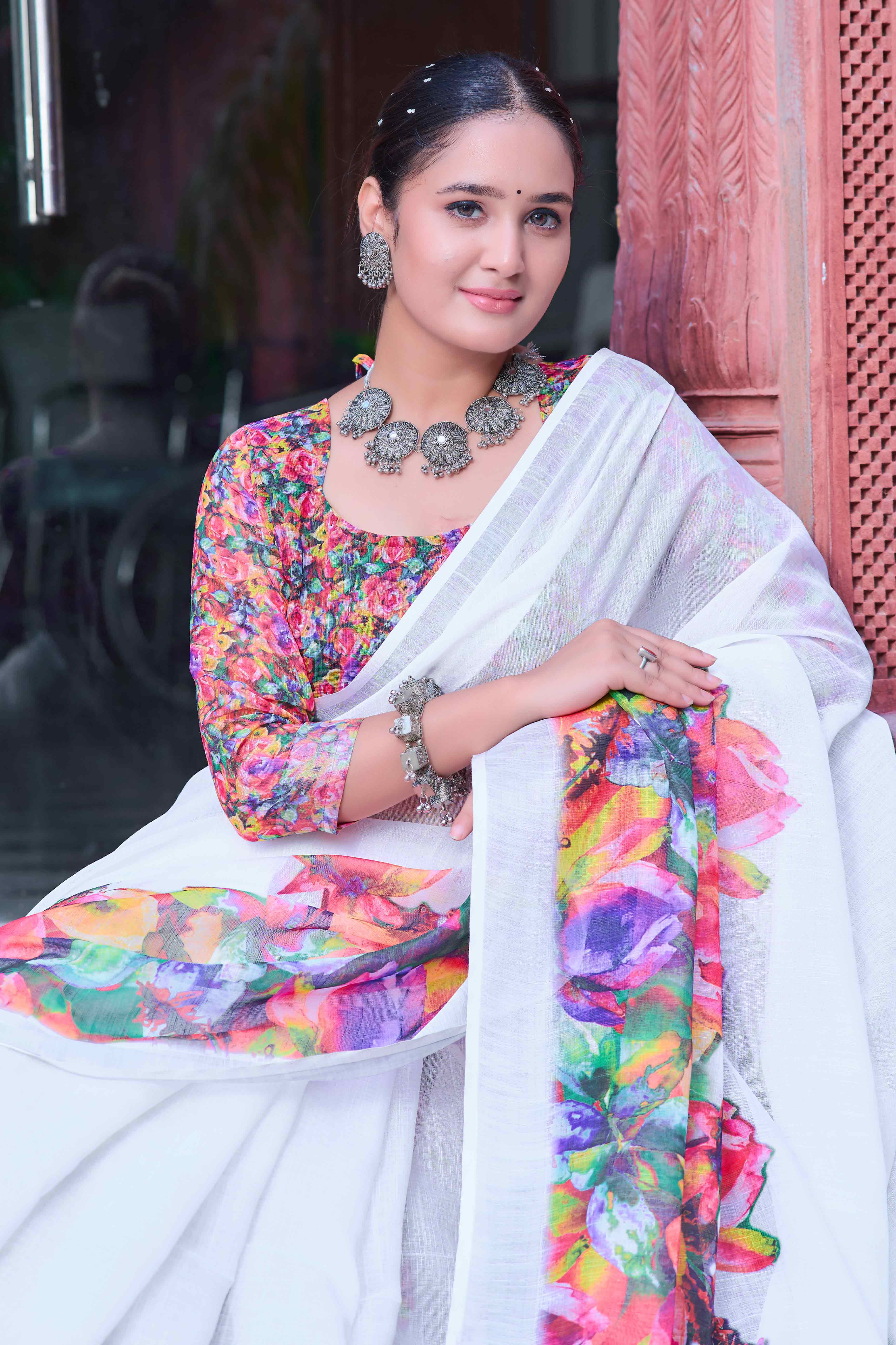 White Floral Printed Linen Saree