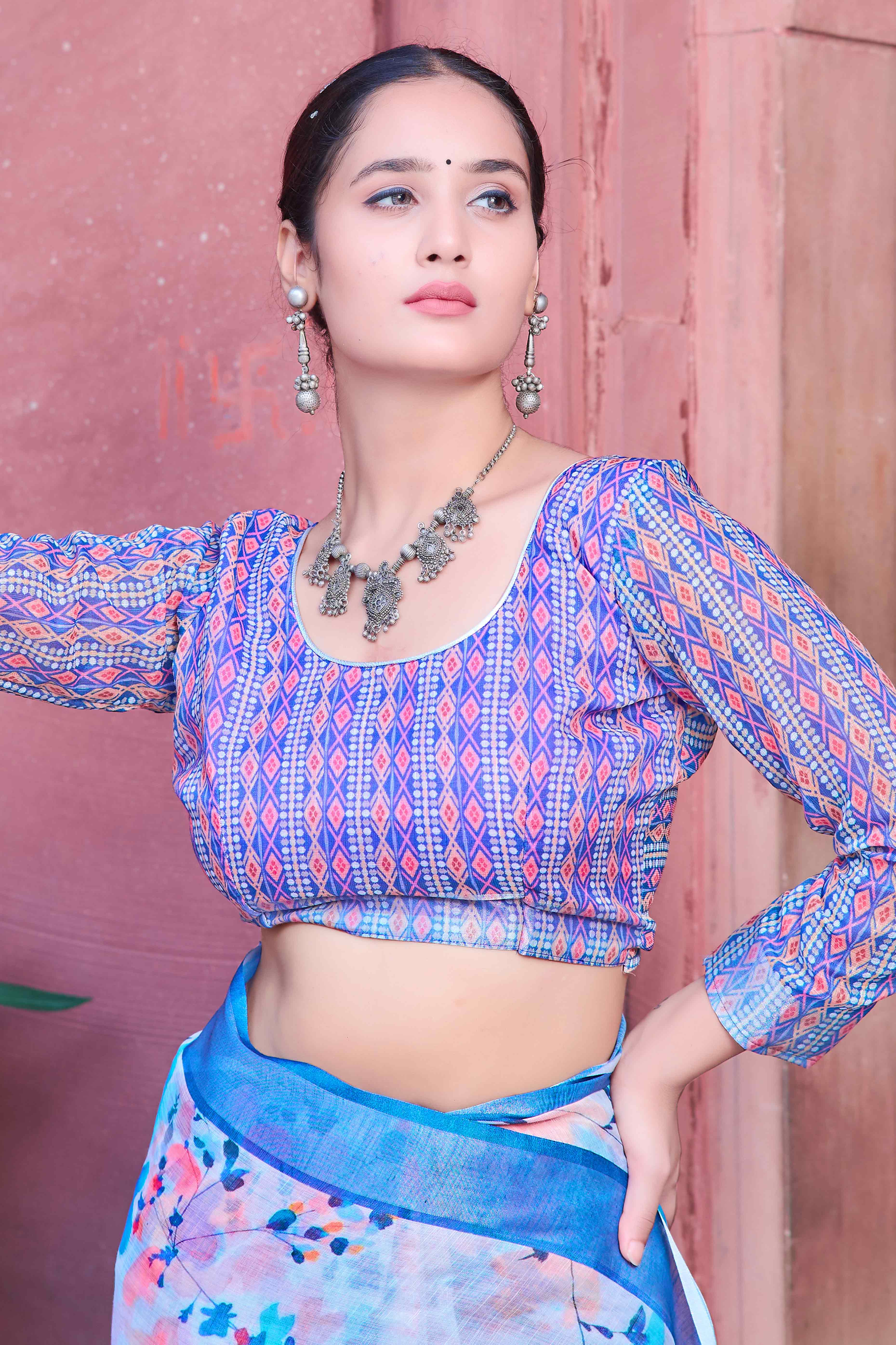 White Floral Printed Linen Saree