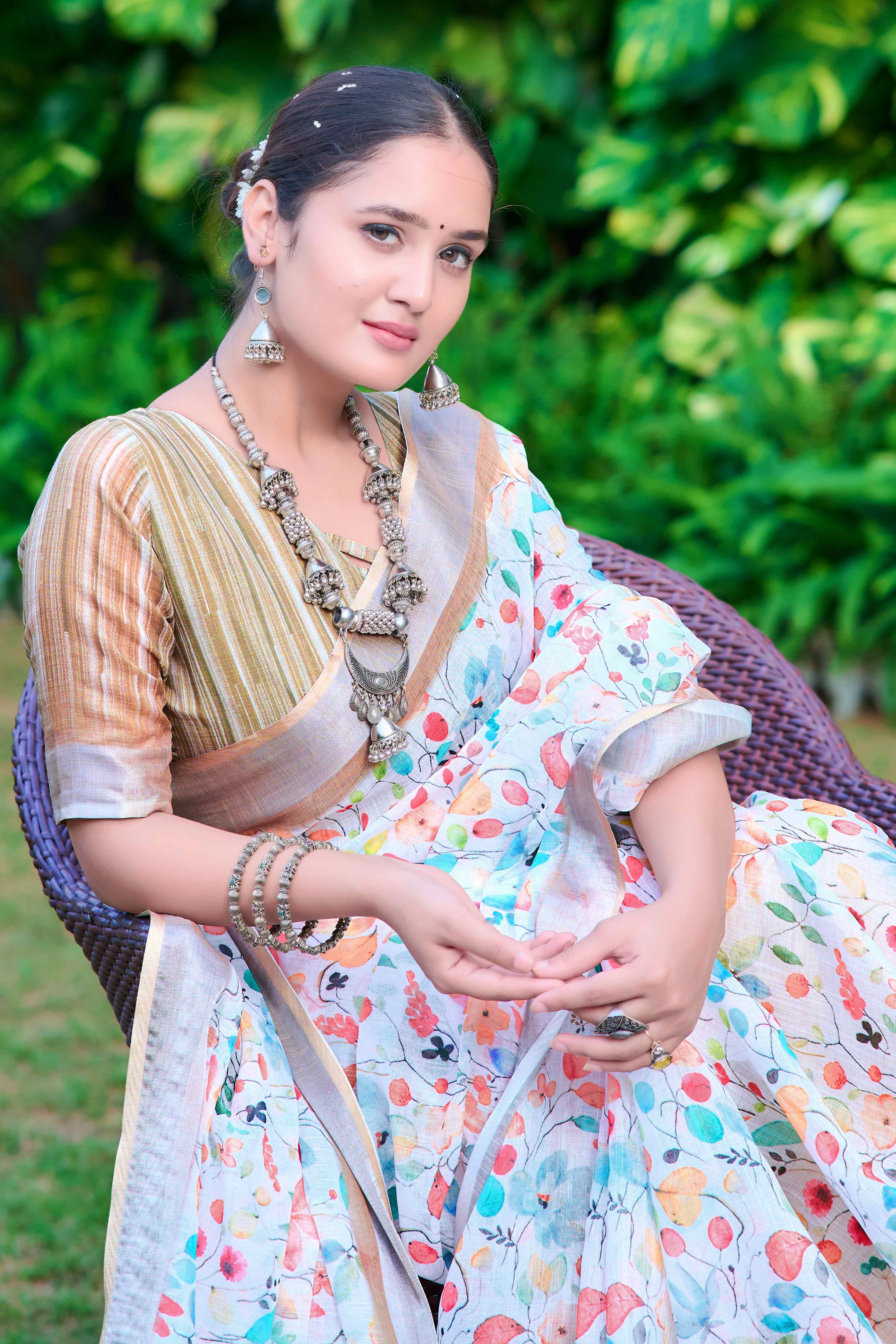 White & Blue Floral Printed Linen Saree