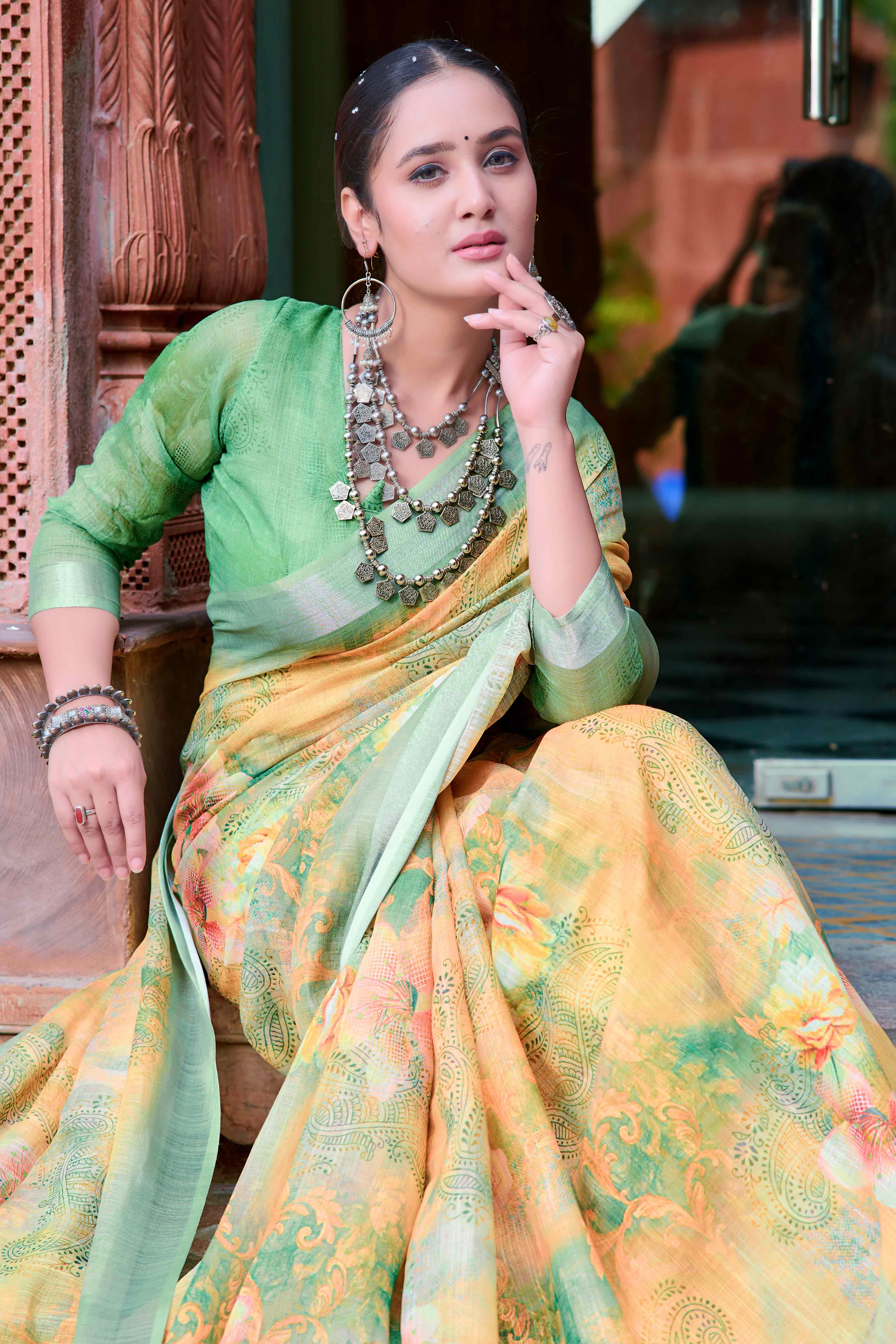 Yellow Floral Printed Linen Saree