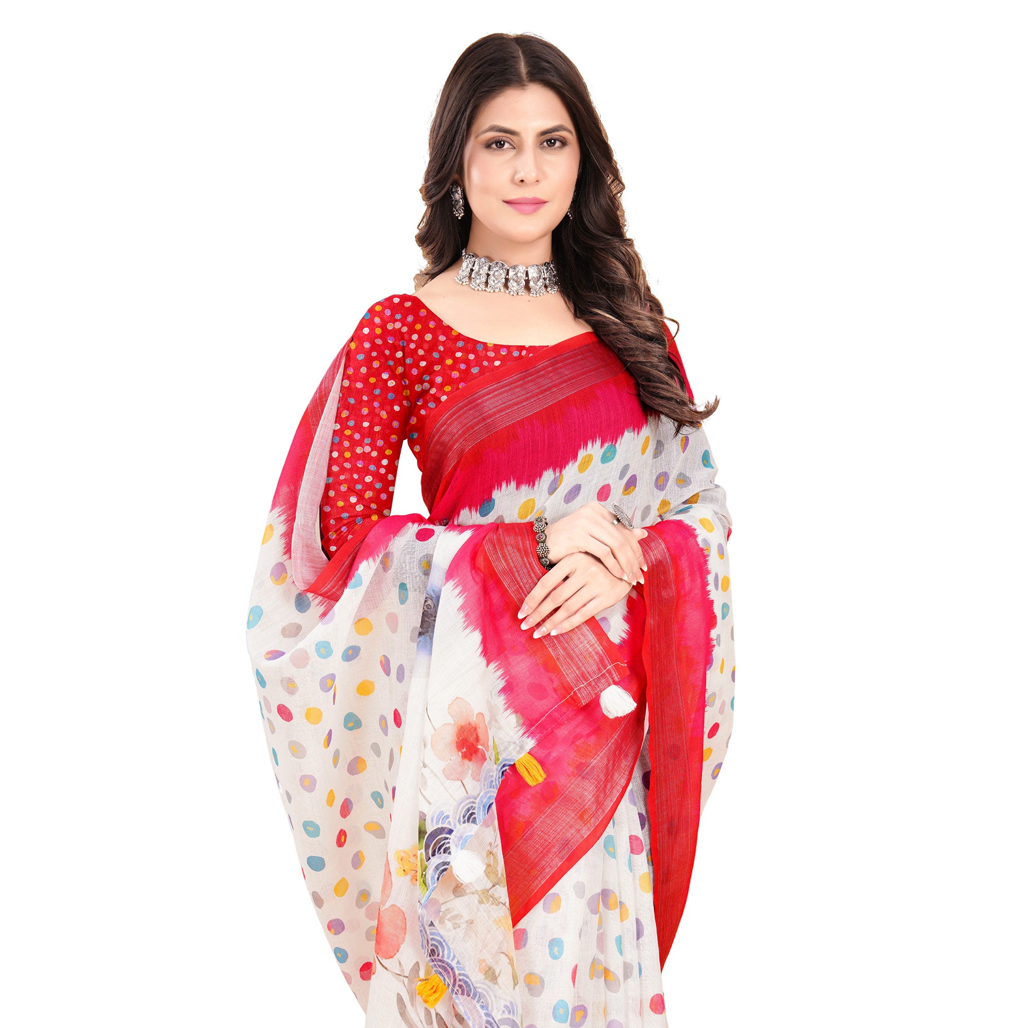 White Printed Linen Saree
