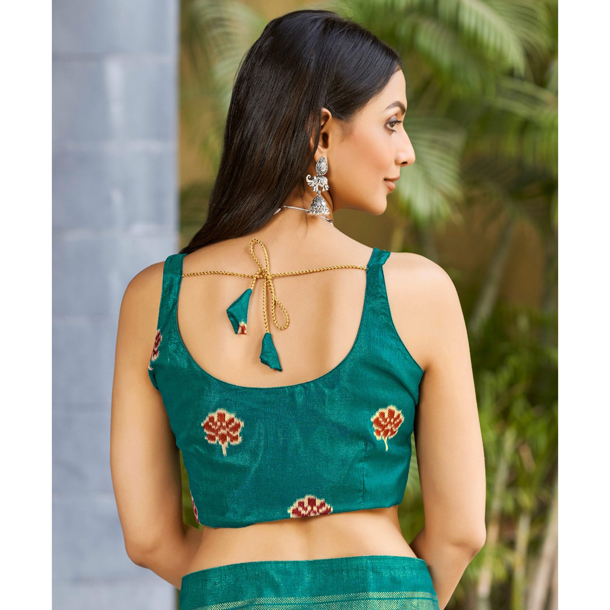 Red & Rama Blue Patola Printed Dola Silk Saree