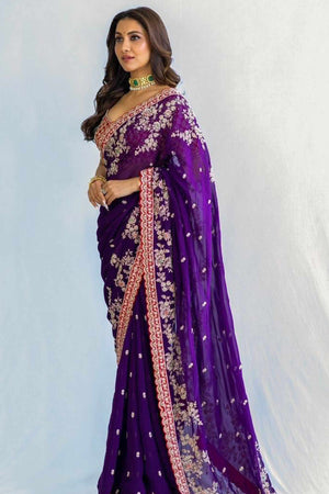 Designer Violet Embroidered Satin Saree with Fine Thread Detailing