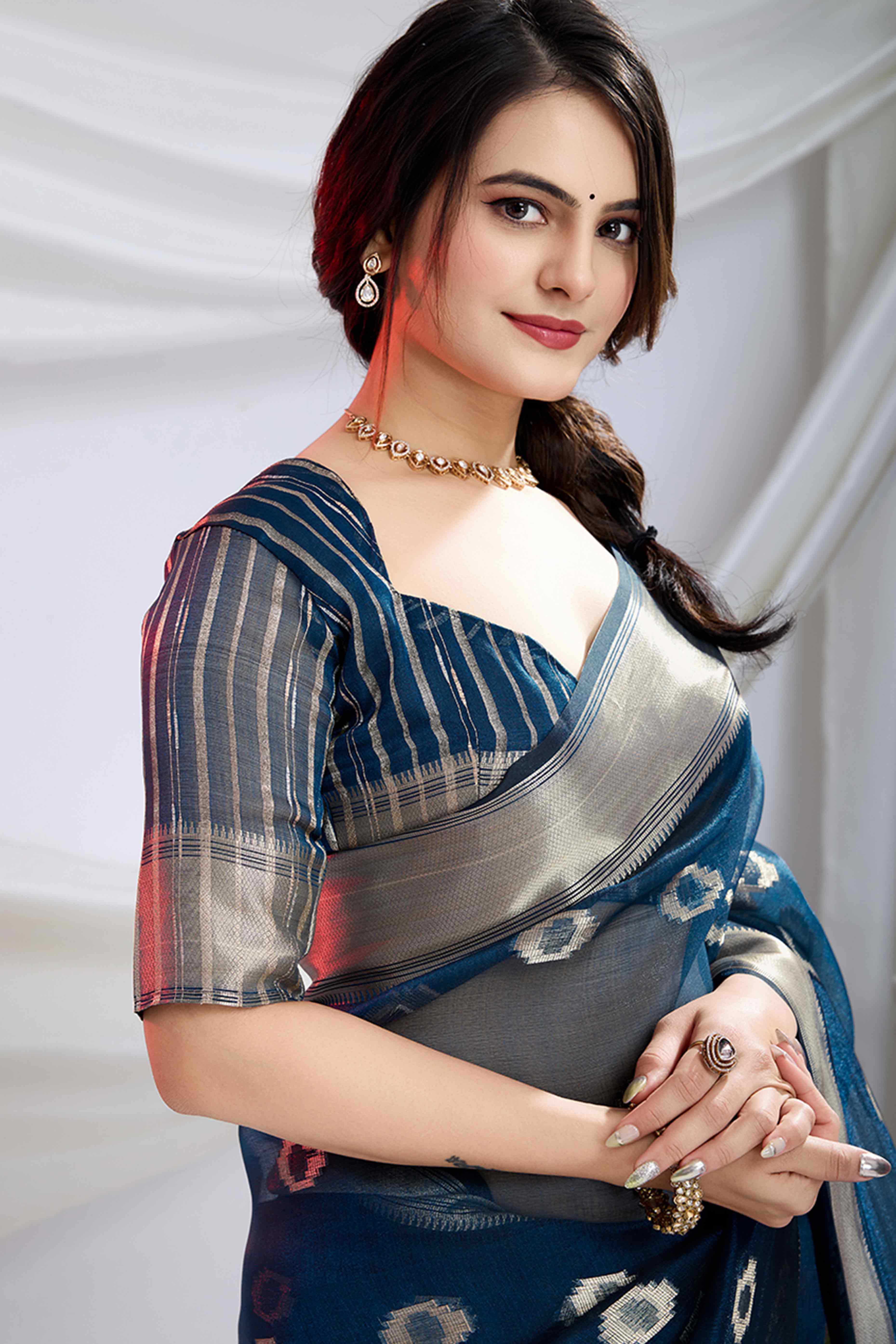 Navy Blue Zari Butti Saree in Lightweight Tissue Fabric