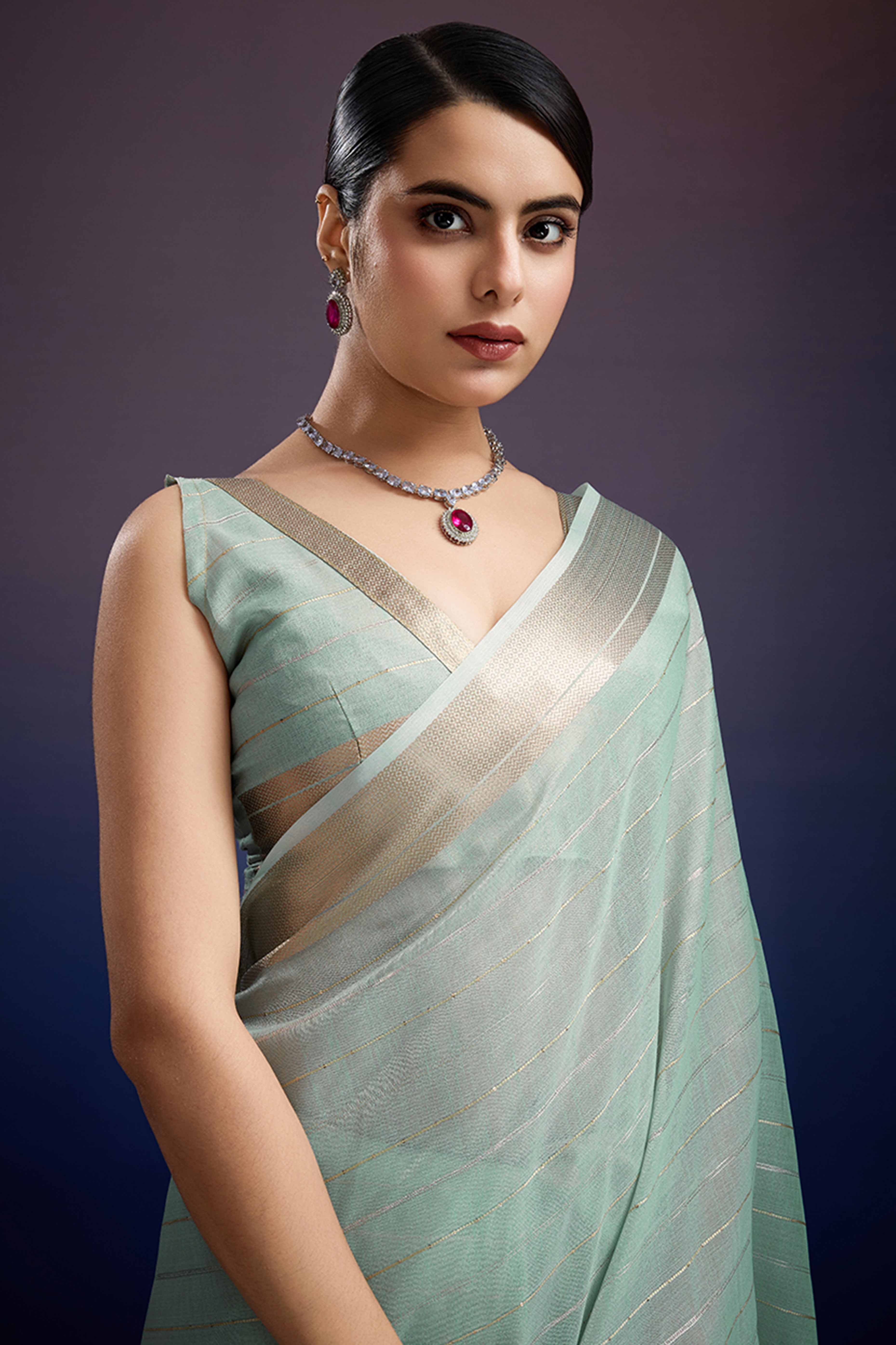 Mint Green Pure Linen Saree with Gold Toned Zari Weave