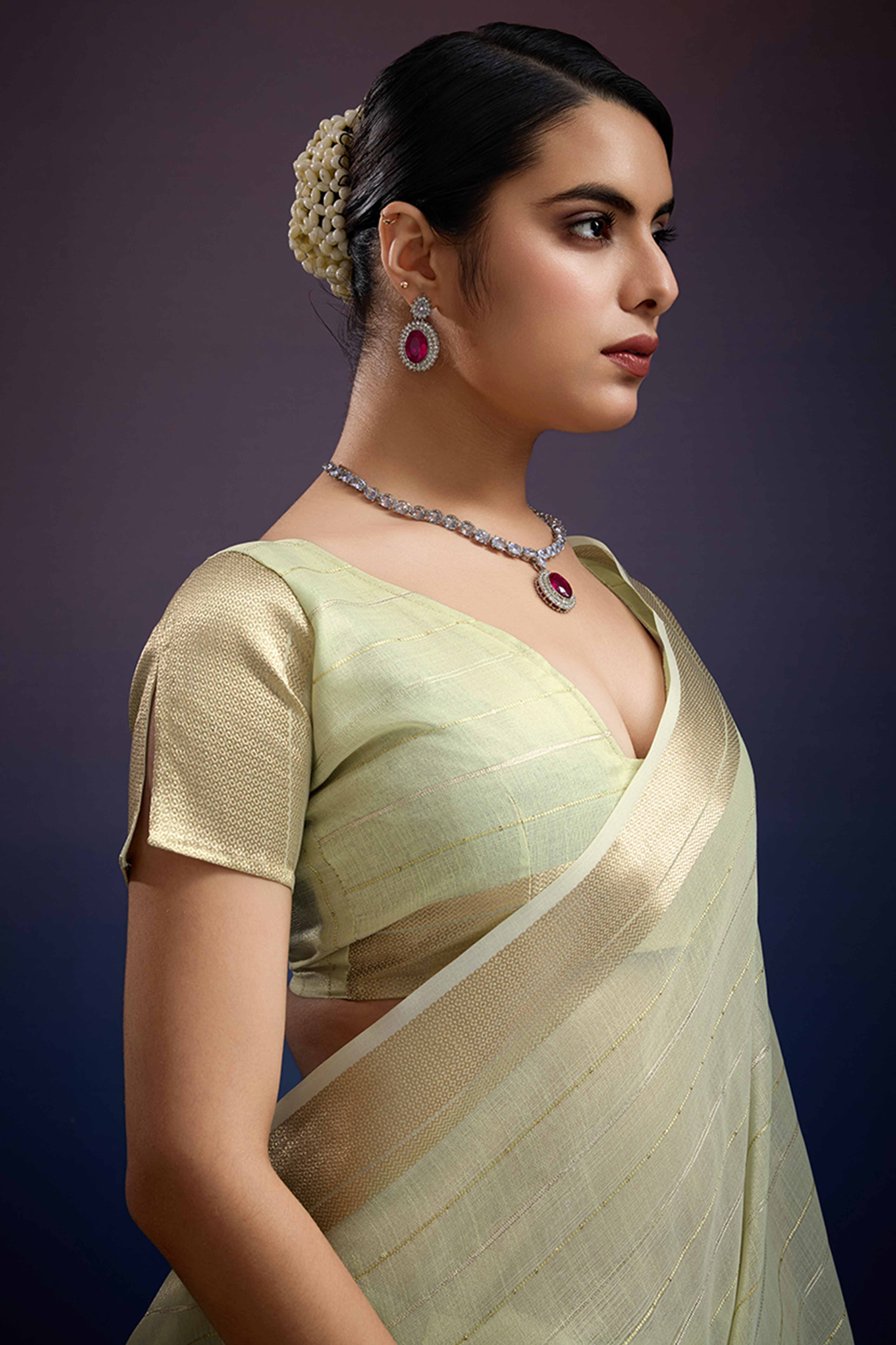 Pista Green Pure Linen Saree with Gold Toned Zari Weave