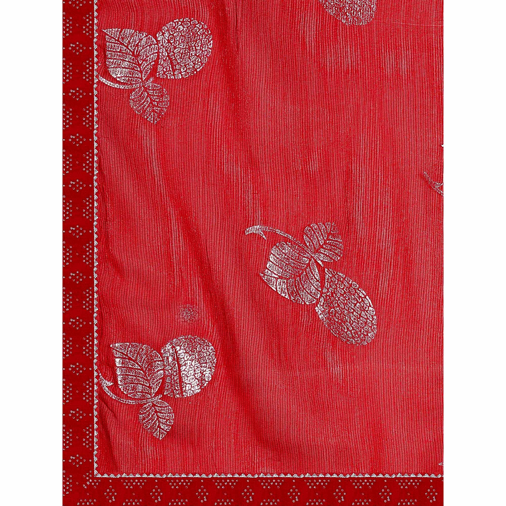 Red Floral Foil Printed Chiffon Saree