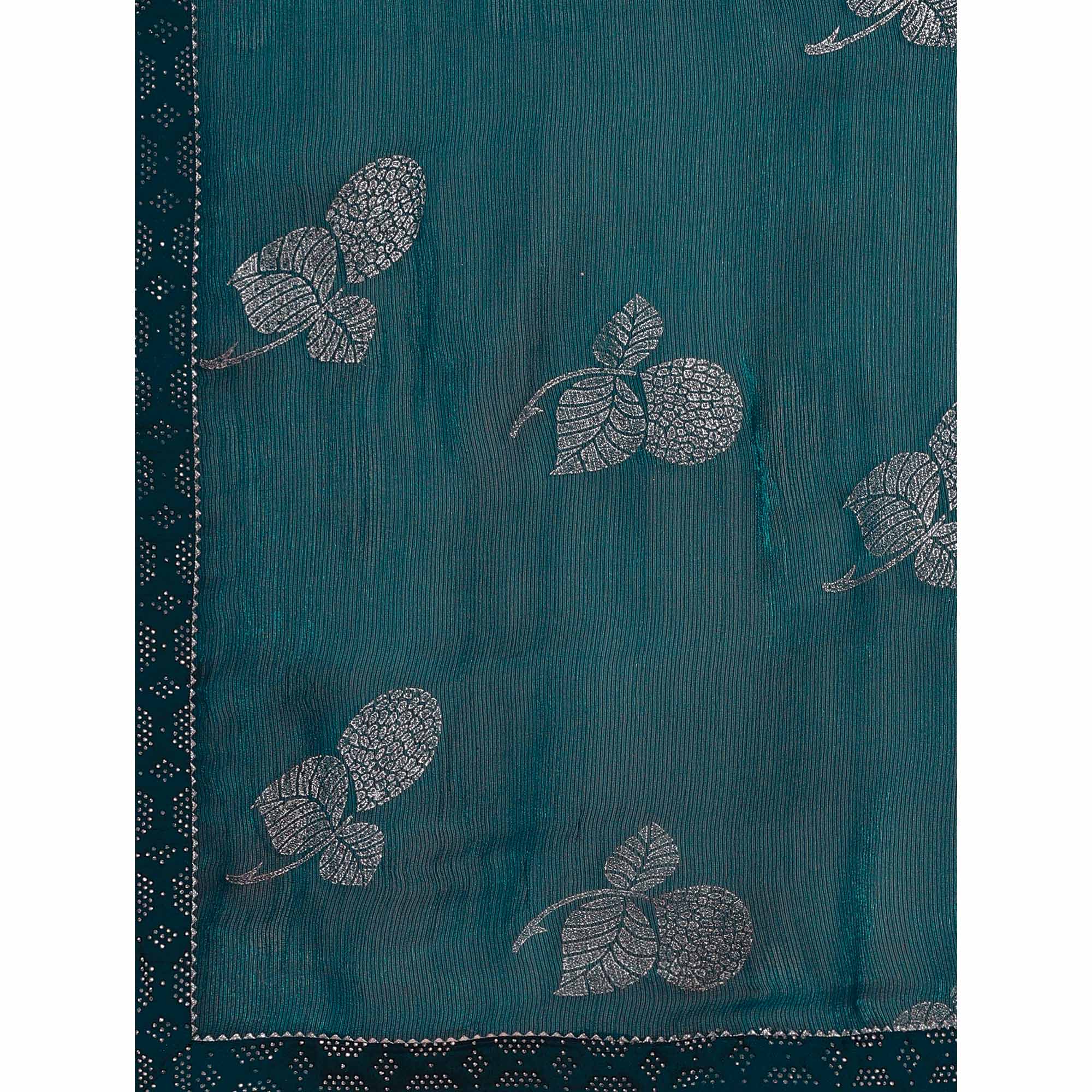 Blue Floral Foil Printed Chiffon Saree