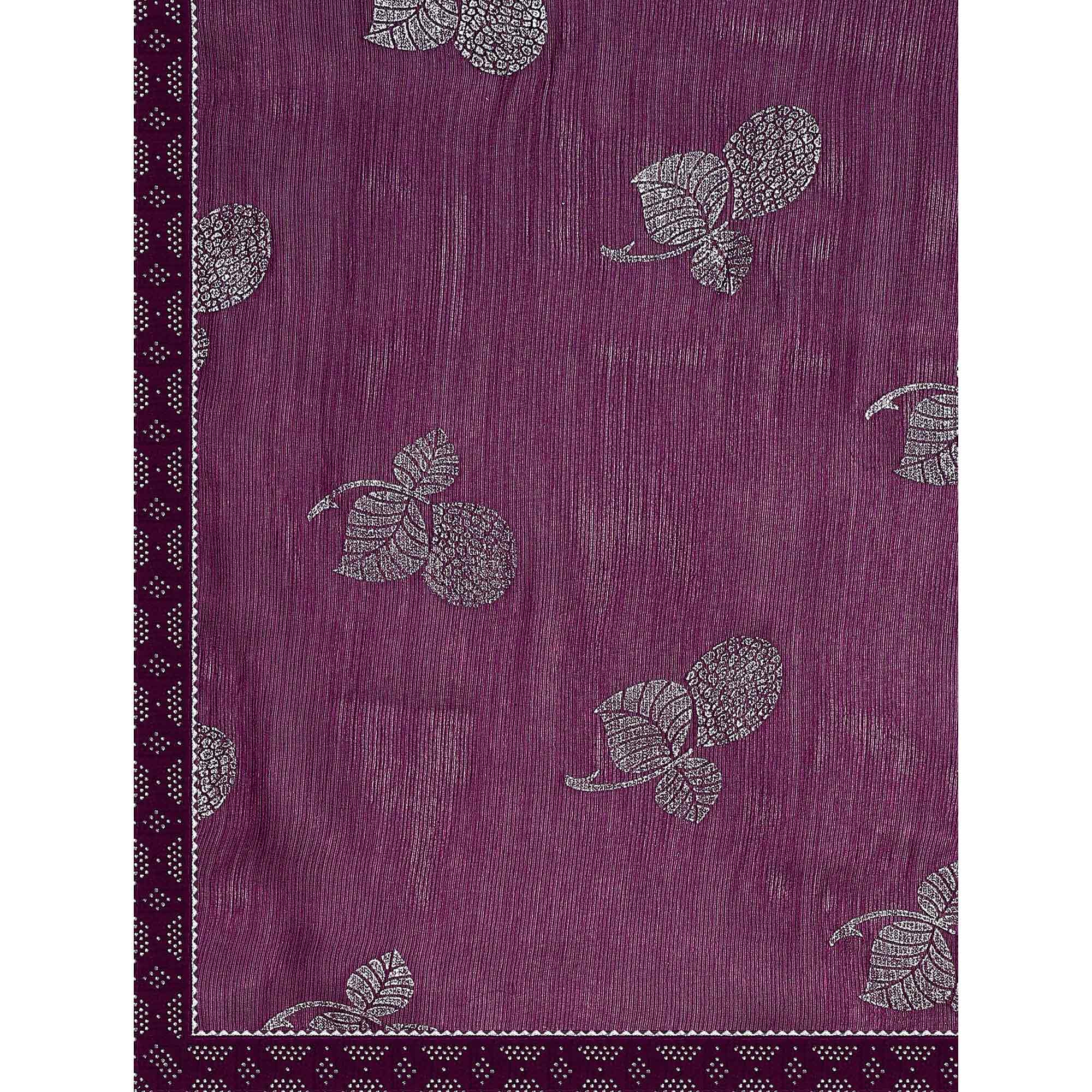 Purple Floral Foil Printed Chiffon Saree