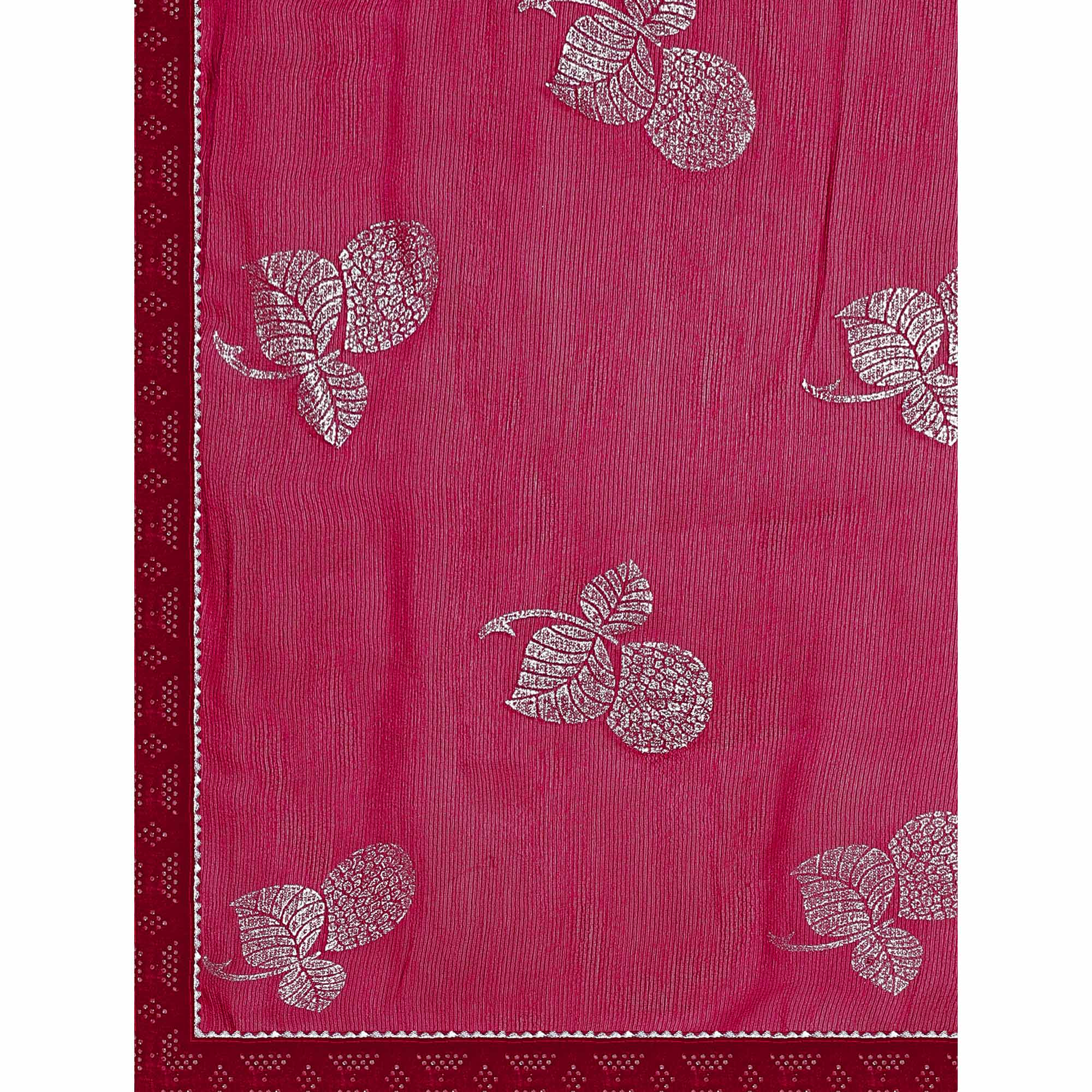 Pink Floral Foil Printed Chiffon Saree