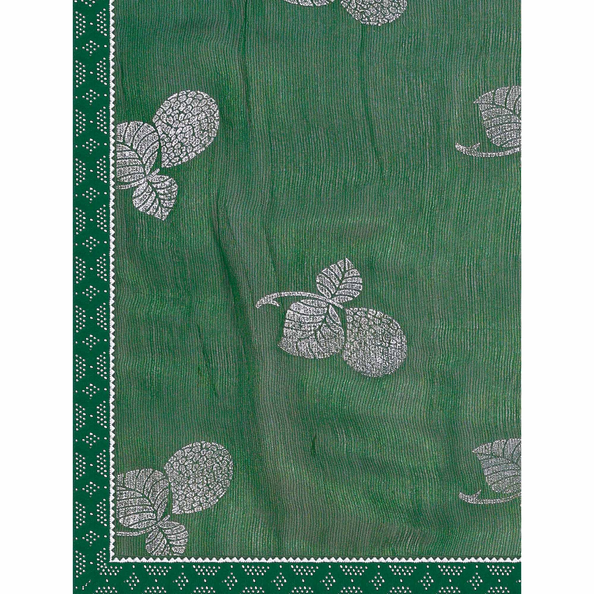 Green Floral Foil Printed Chiffon Saree