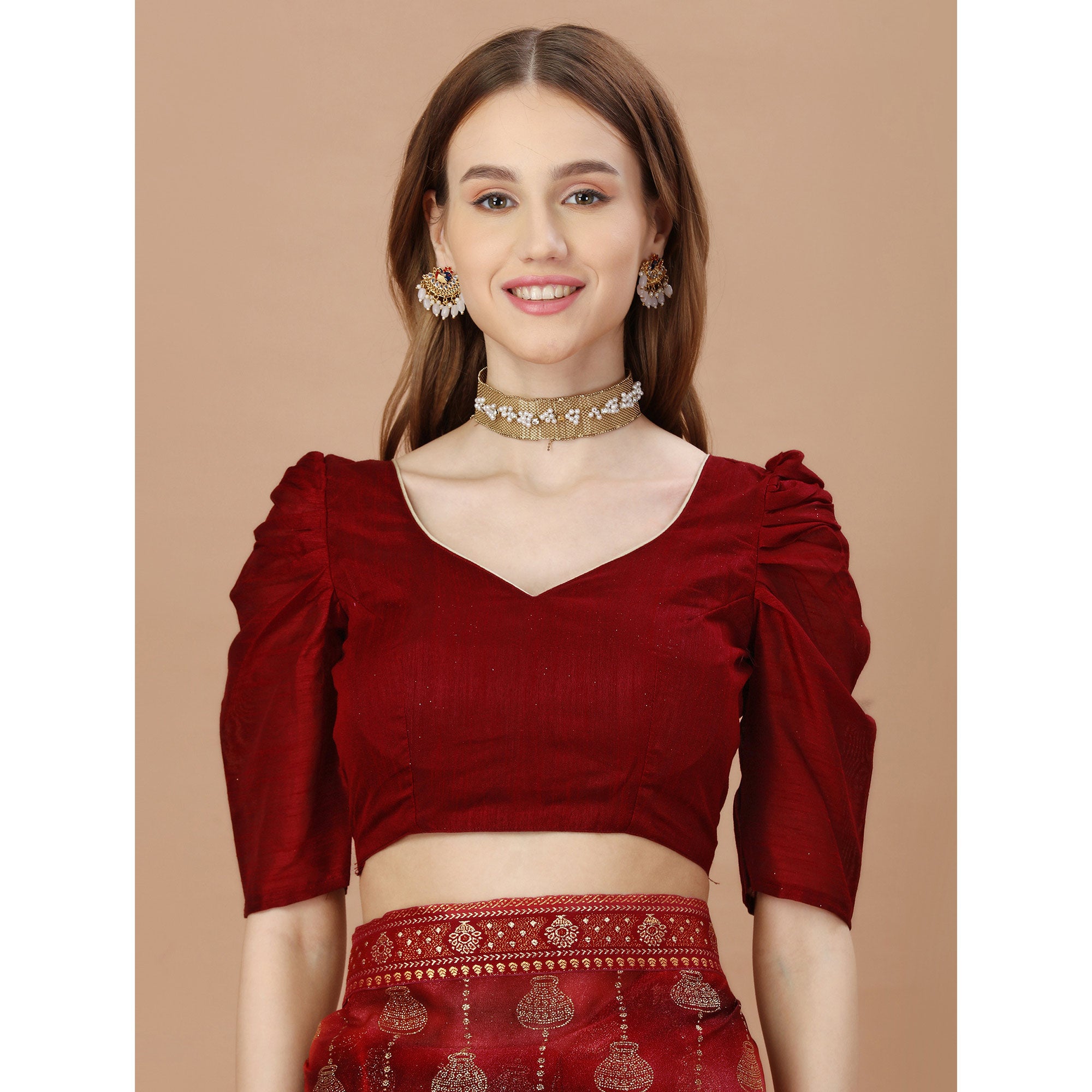 Maroon Foil Printed Lycra Saree With Lace Border