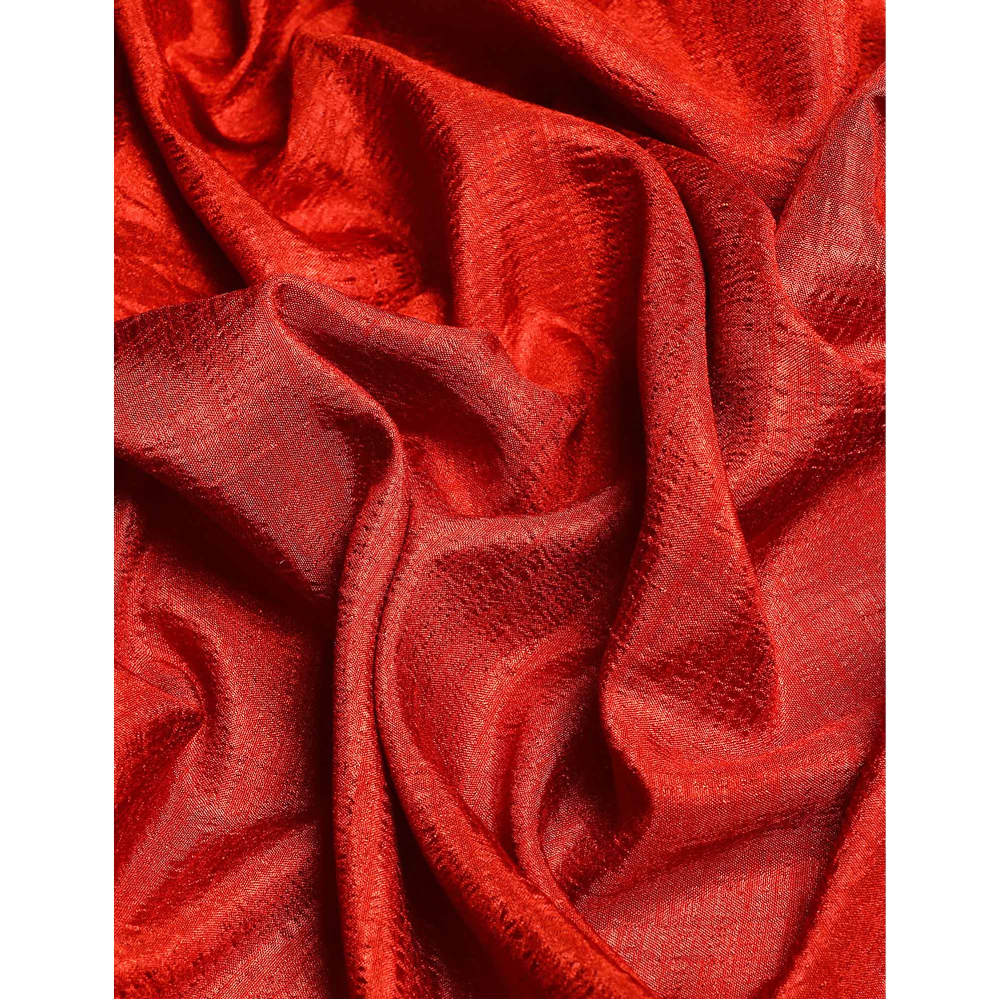 Rust Solid Vichitra Silk Saree With Fancy Zari Border