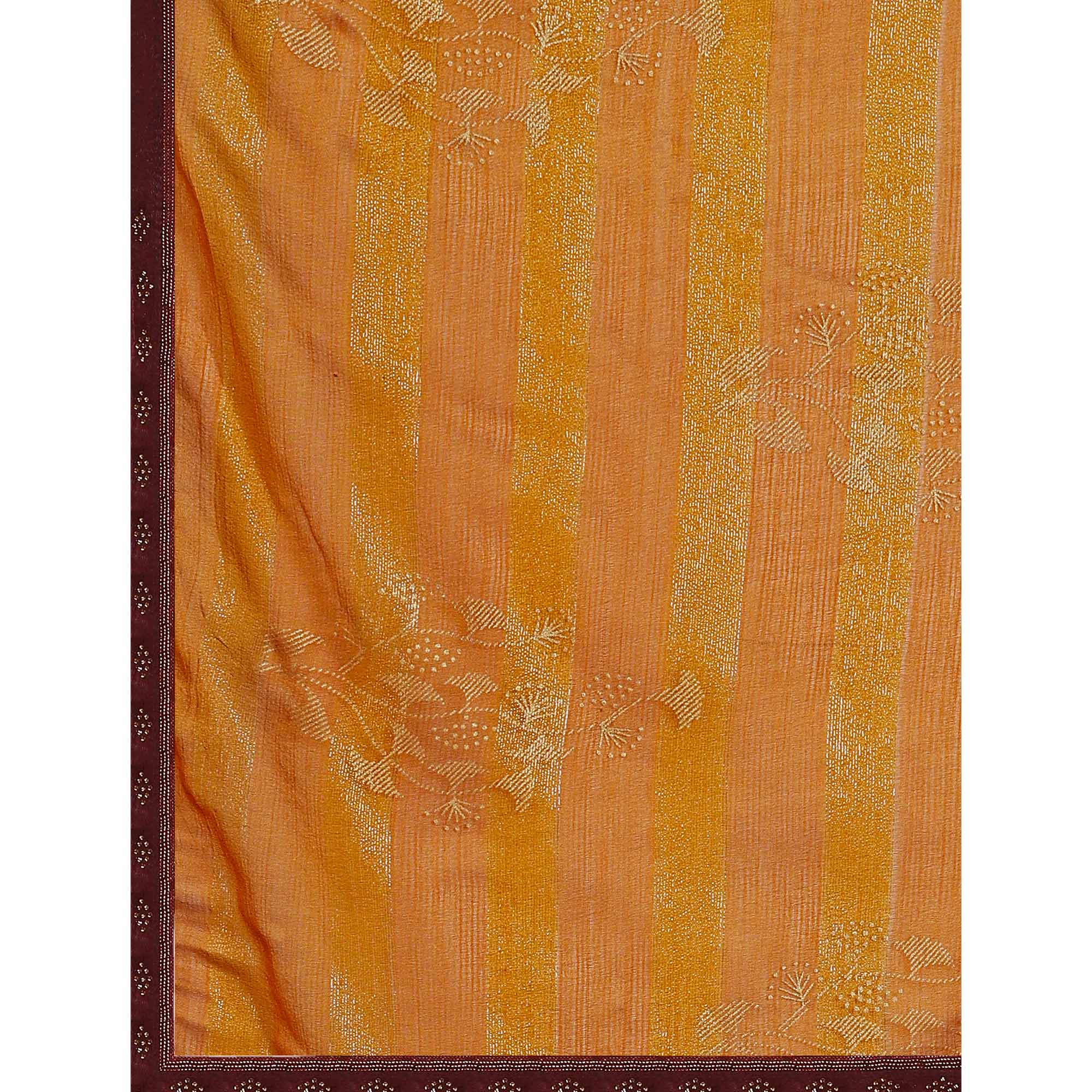 Mustard Foil Printed Chiffon Saree With Lace Border