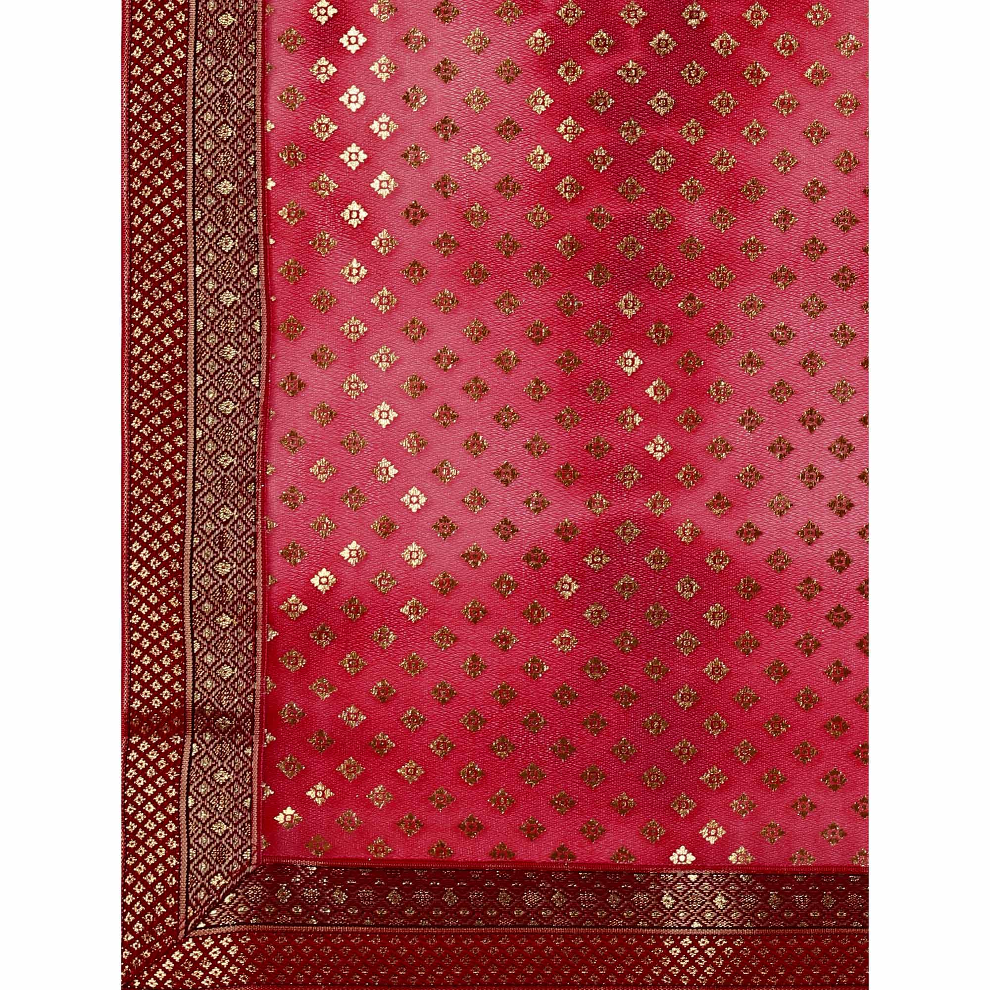 Red Foil Printed Lycra Saree With Lace Border