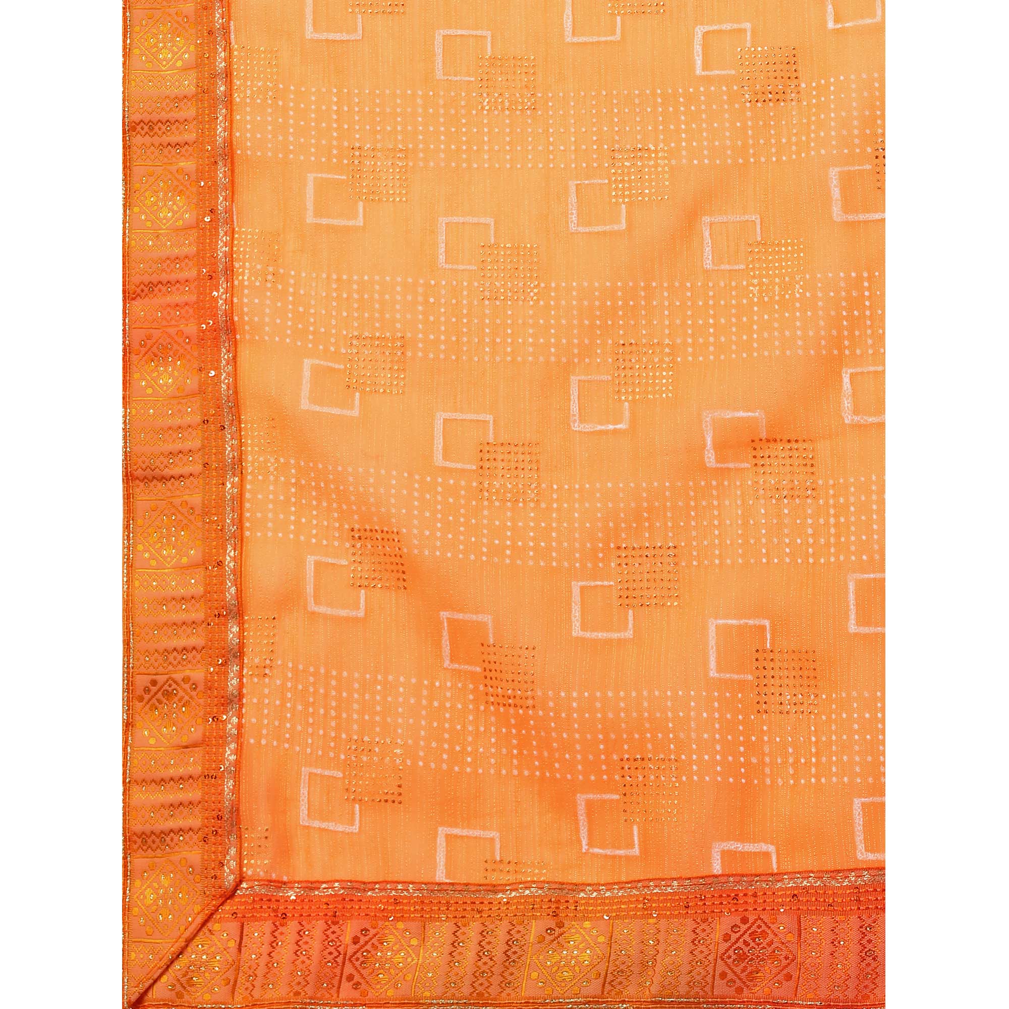 Orange Foil Printed Chiffon Saree With Lace Border