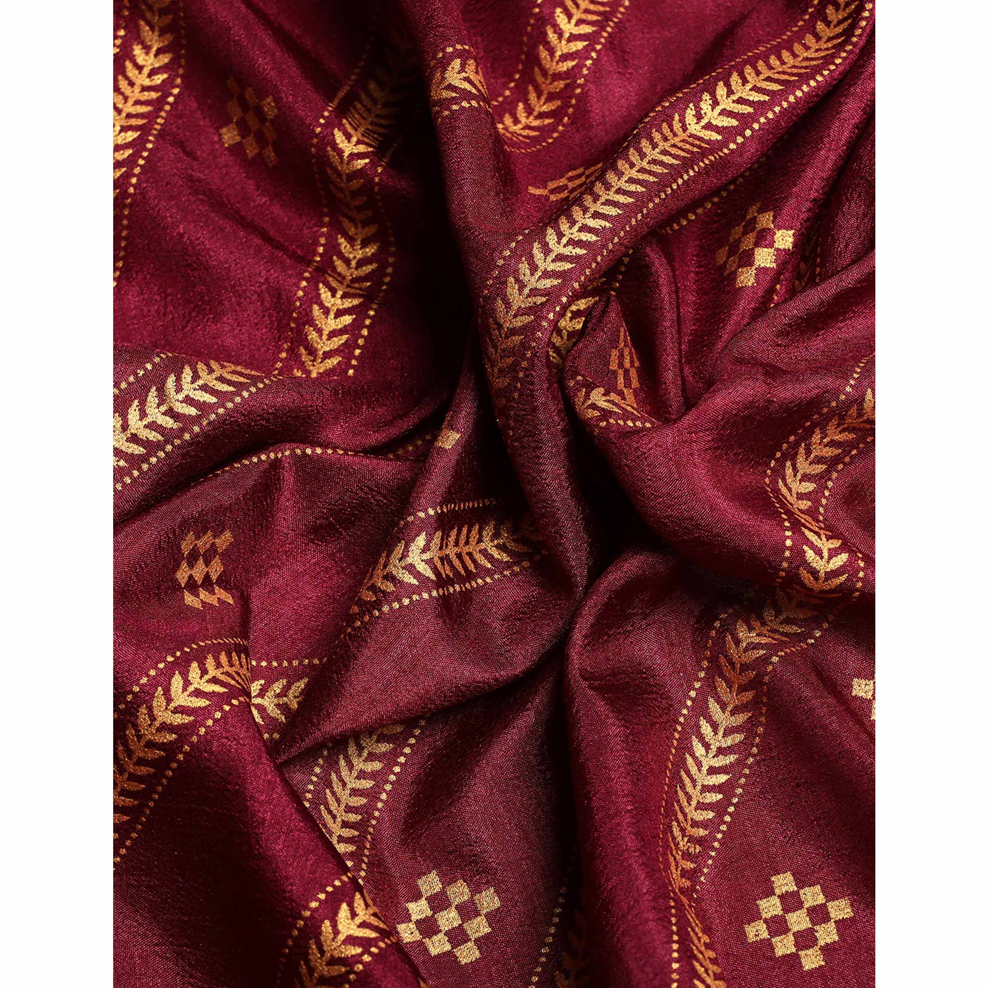 Wine Floral Foil Printed Vichitra Silk Saree