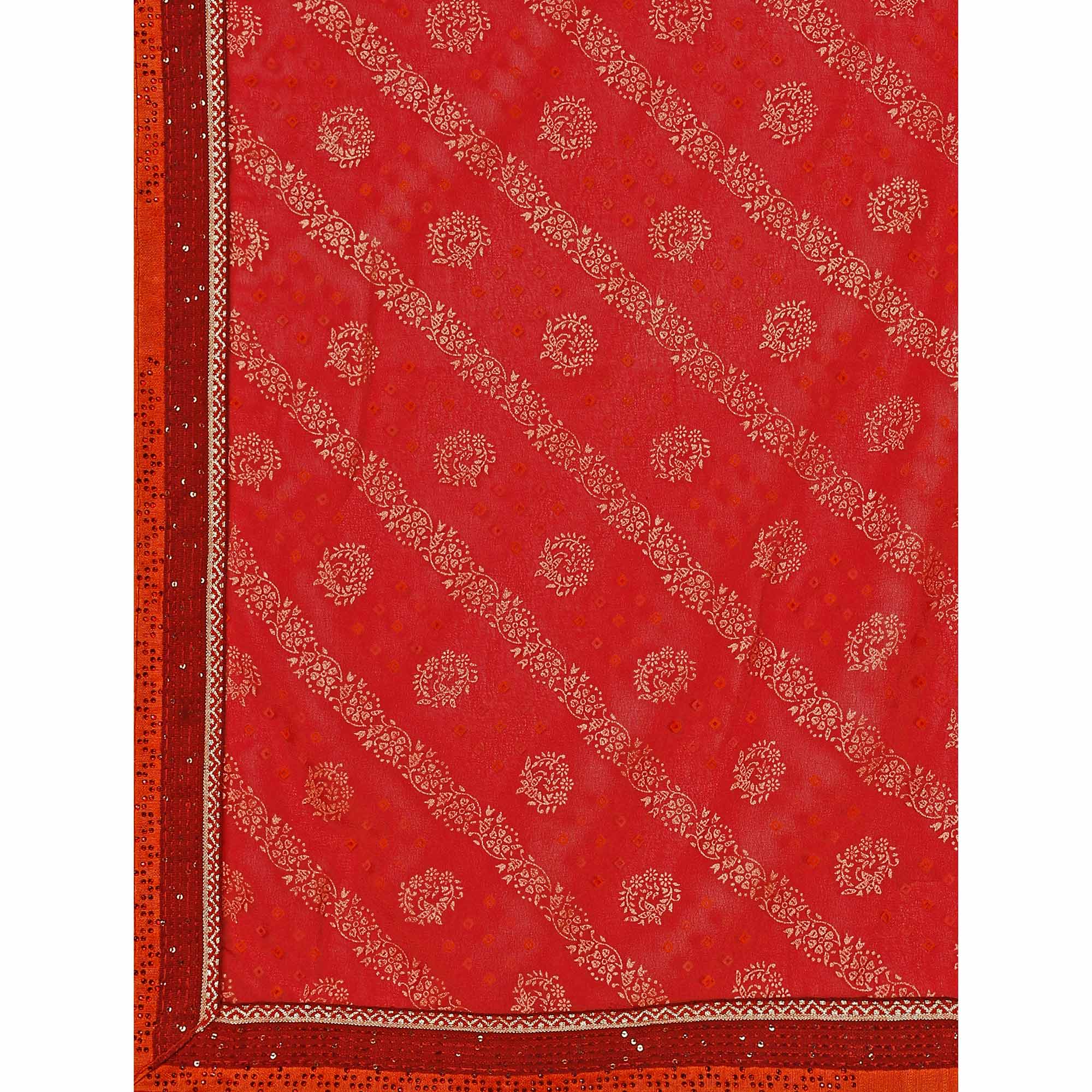 Red Floral Foil Printed Chiffon Saree With Lace Border