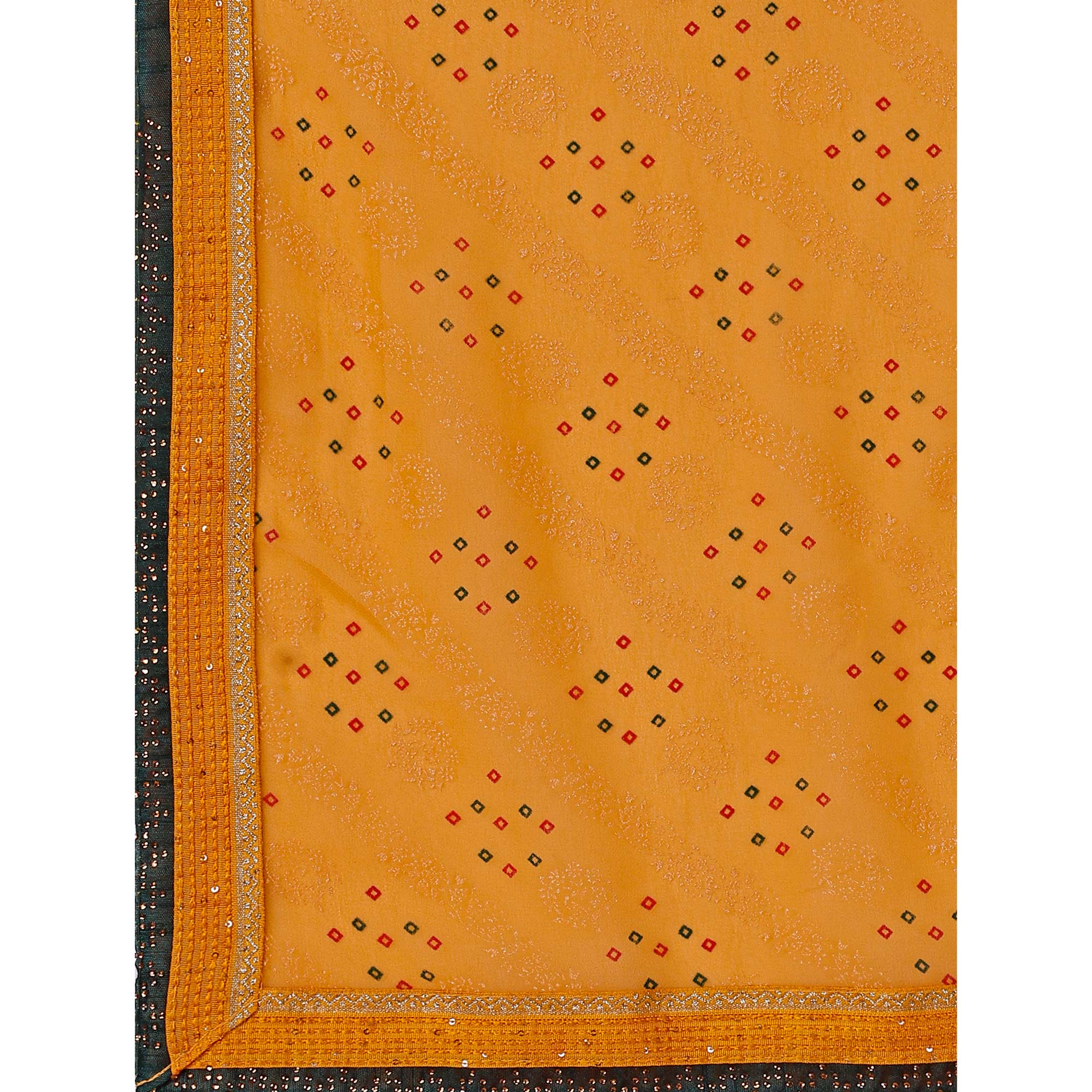 Yellow Floral Foil Printed Chiffon Saree With Lace Border