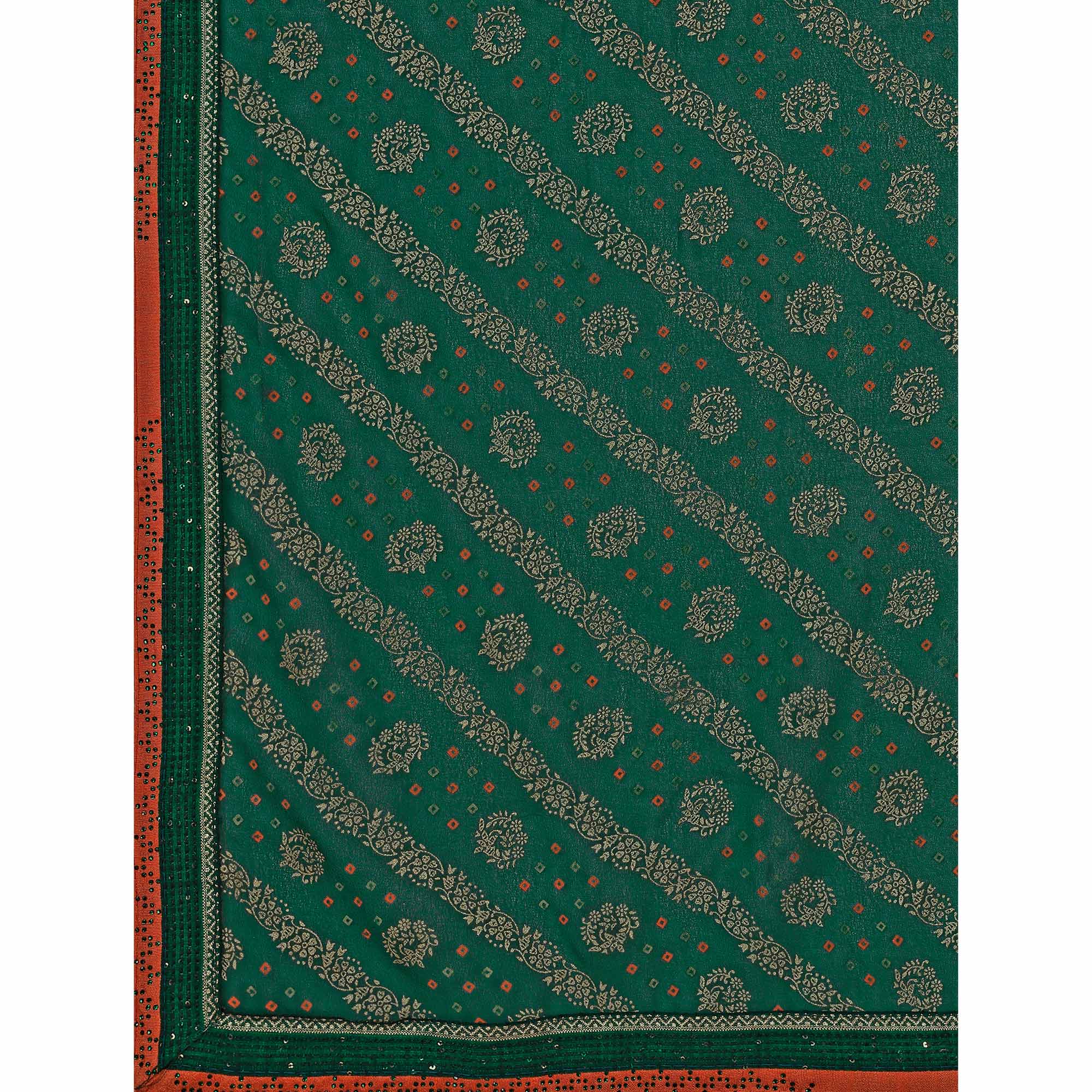 Green Floral Foil Printed Chiffon Saree With Lace Border