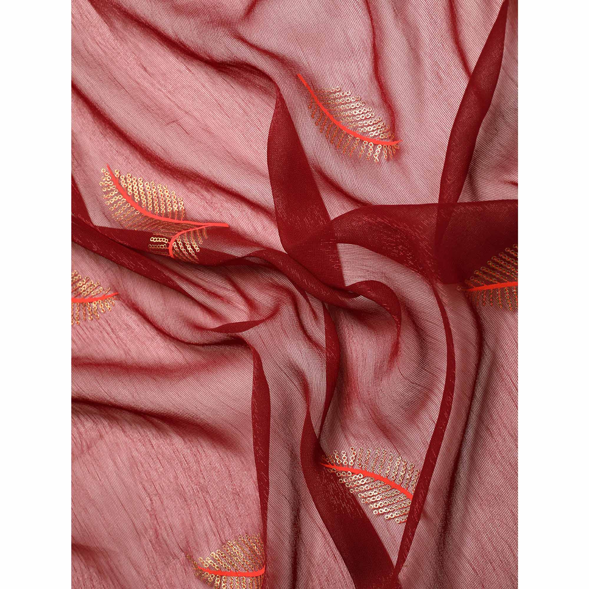 Wine Sequins Embroidered Chiffon Saree With Tassels