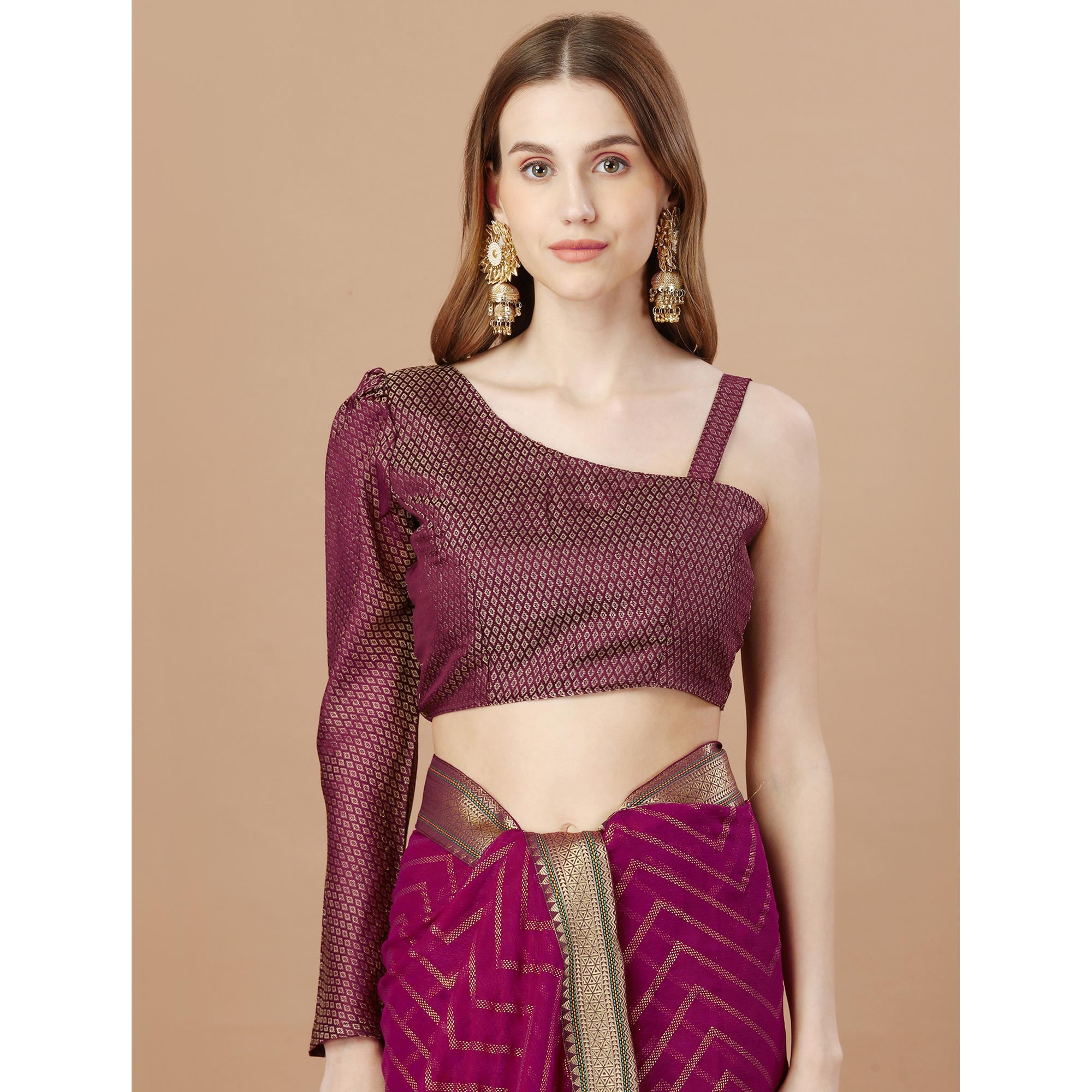 Wine Foil Printed Chiffon Saree With Lace Border
