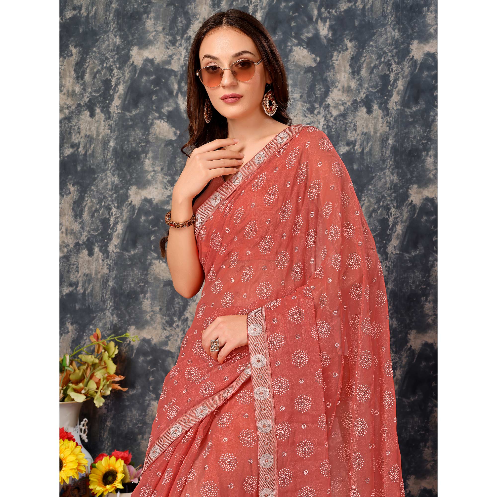 Peach Printed Chiffon Saree With Lace Border