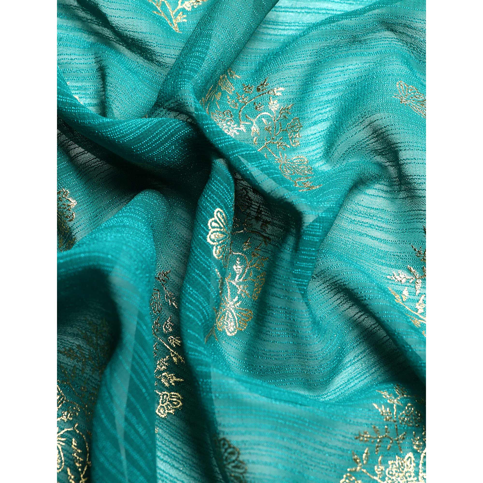 Turquoise Floral Foil Printed Chiffon Saree With Tassels