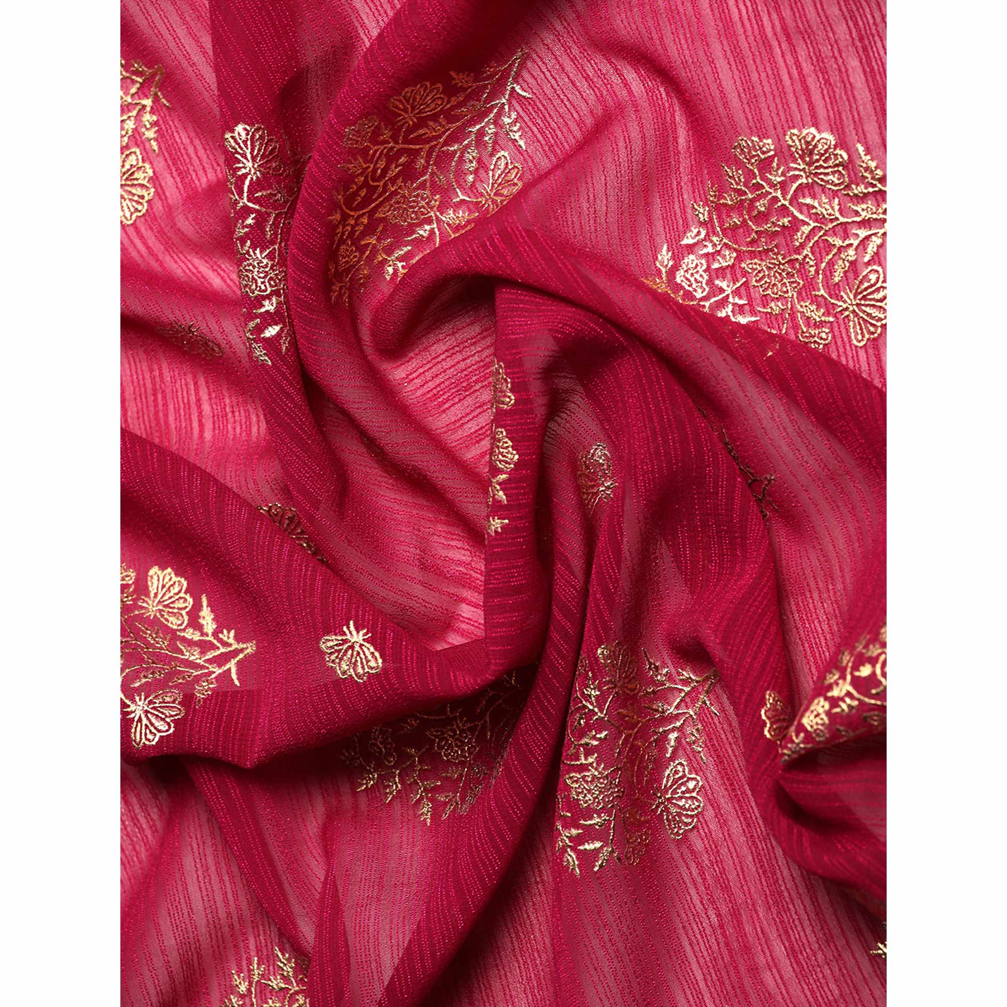 Wine Floral Foil Printed Chiffon Saree With Tassels