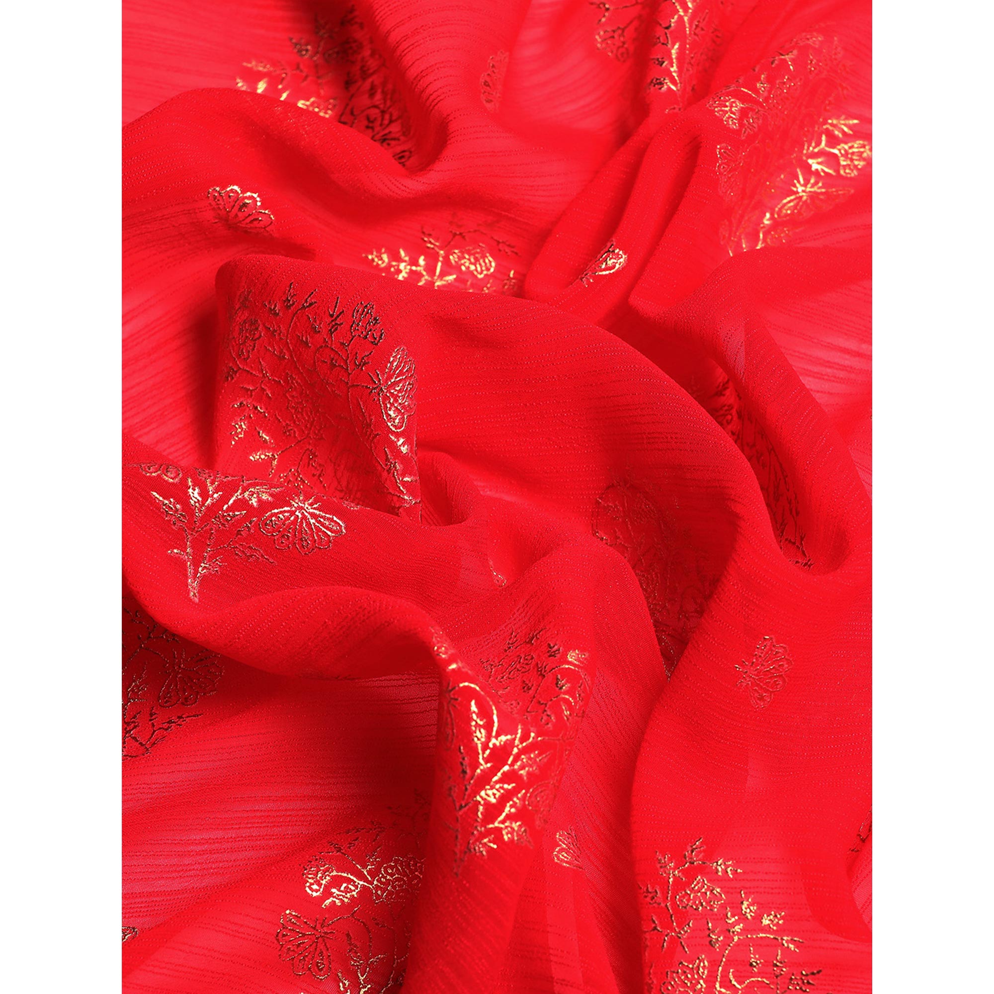 Red Floral Foil Printed Chiffon Saree With Tassels